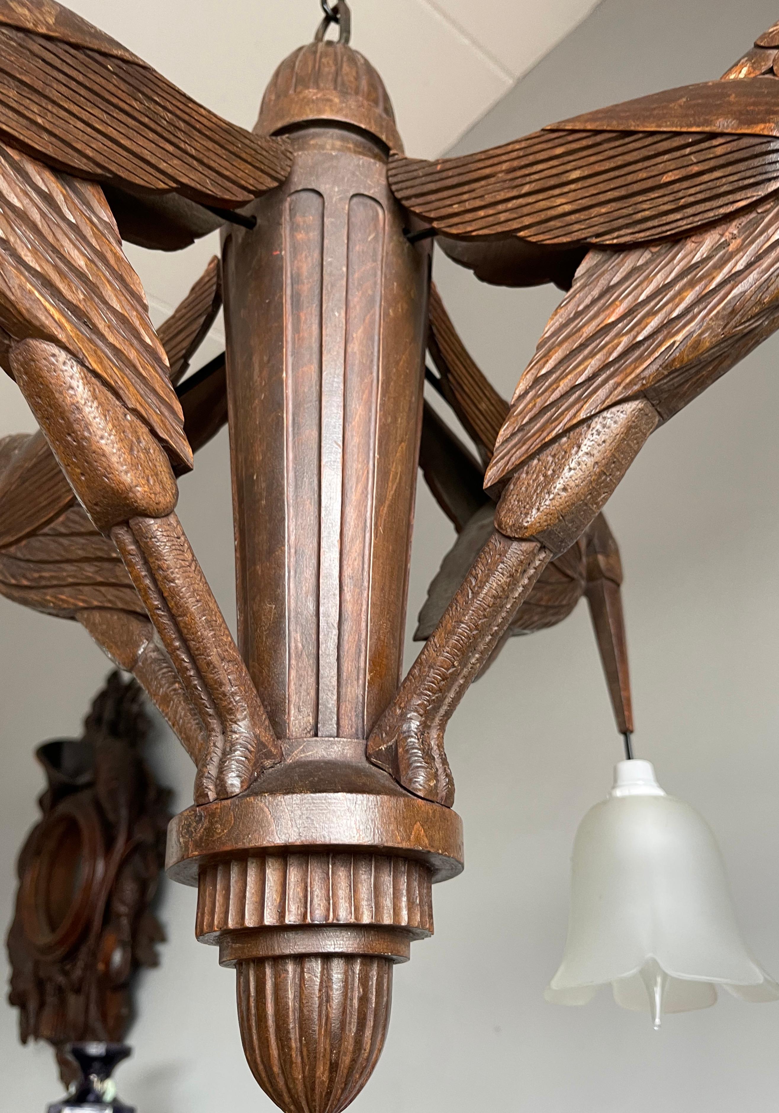 Amazing Hand Carved Art Deco Chandelier / Pendant Light w. Stylish Humming Birds 8