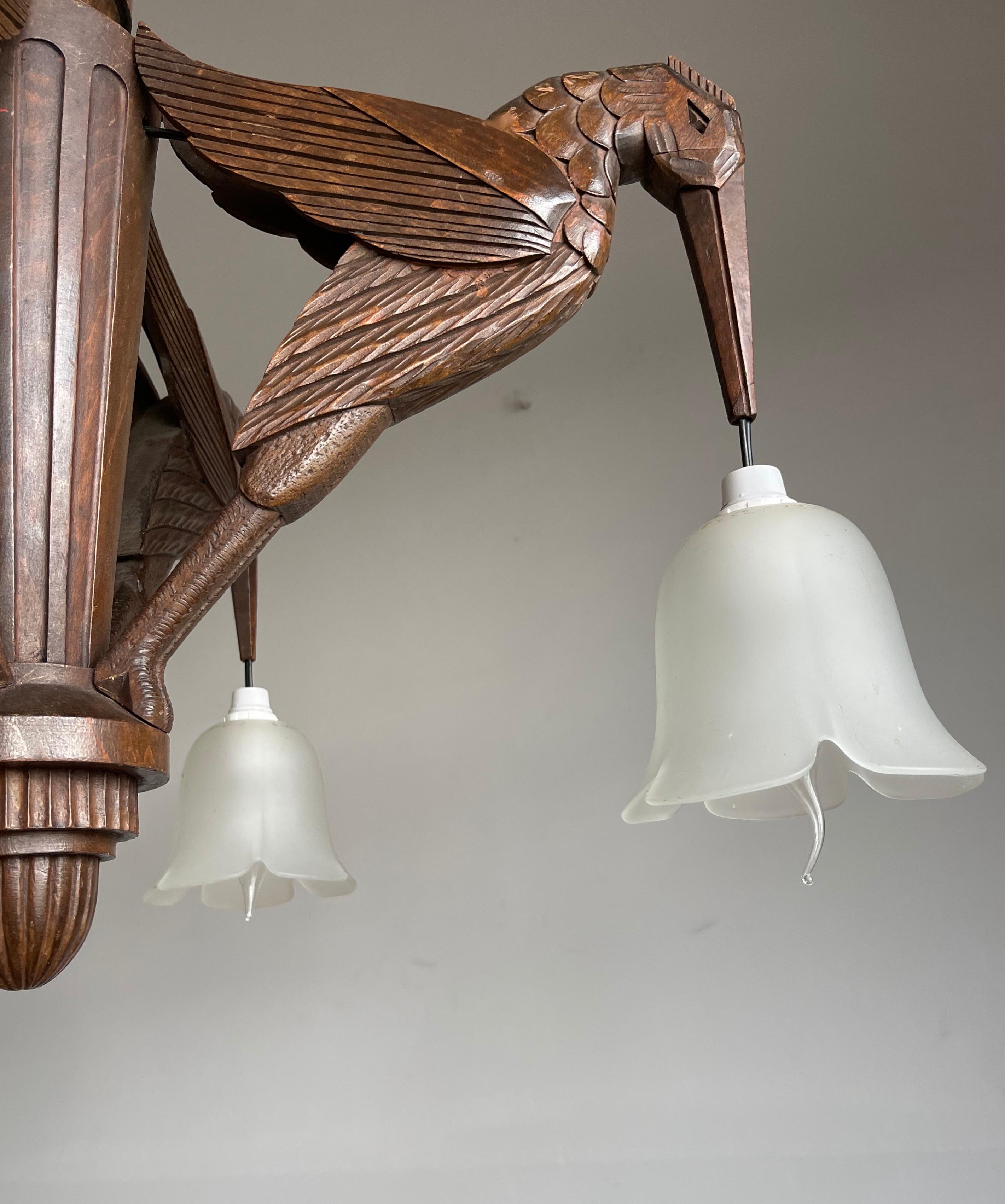Amazing Hand Carved Art Deco Chandelier / Pendant Light w. Stylish Humming Birds In Good Condition In Lisse, NL