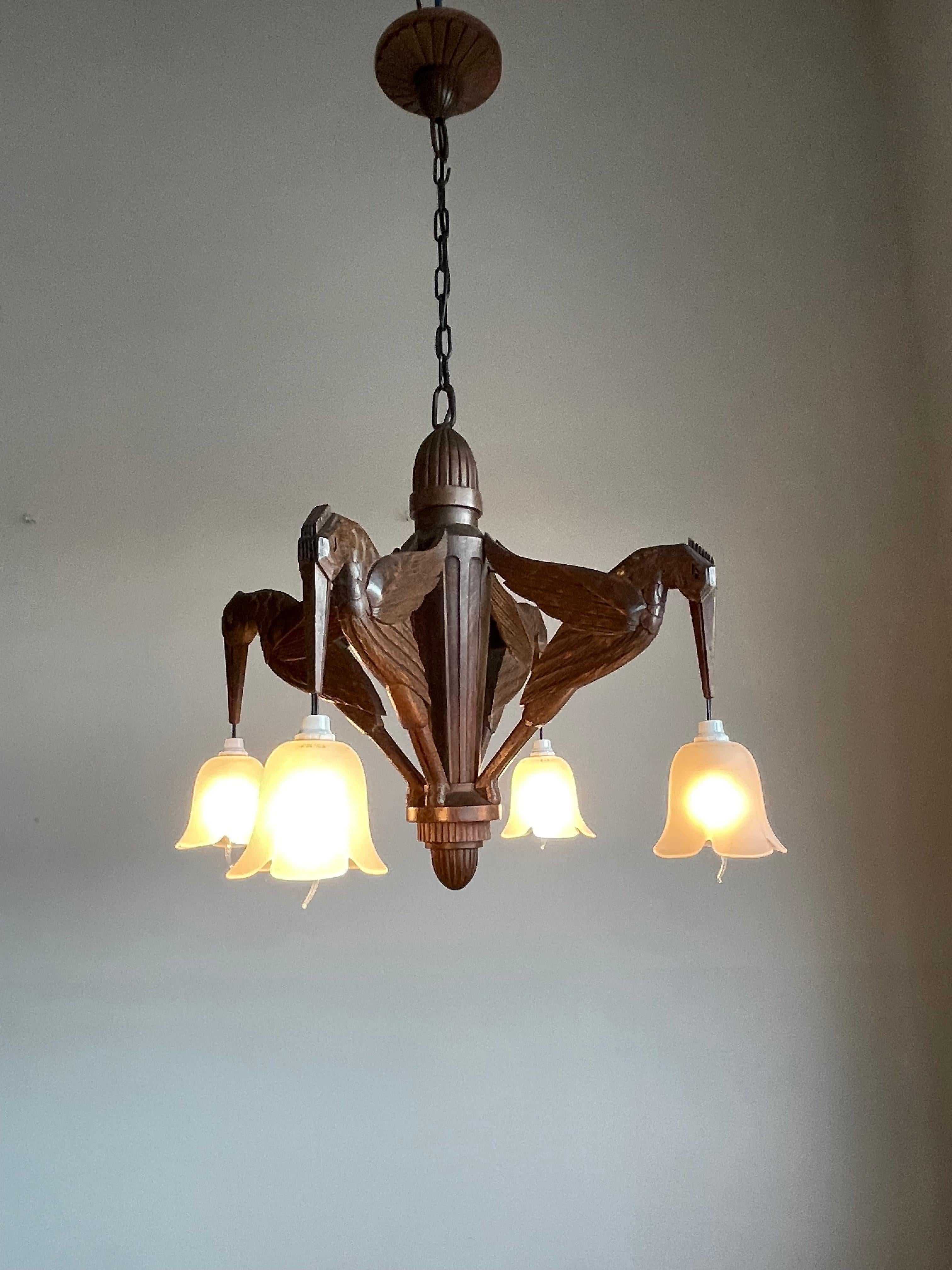 20th Century Amazing Hand Carved Art Deco Chandelier / Pendant Light w. Stylish Humming Birds