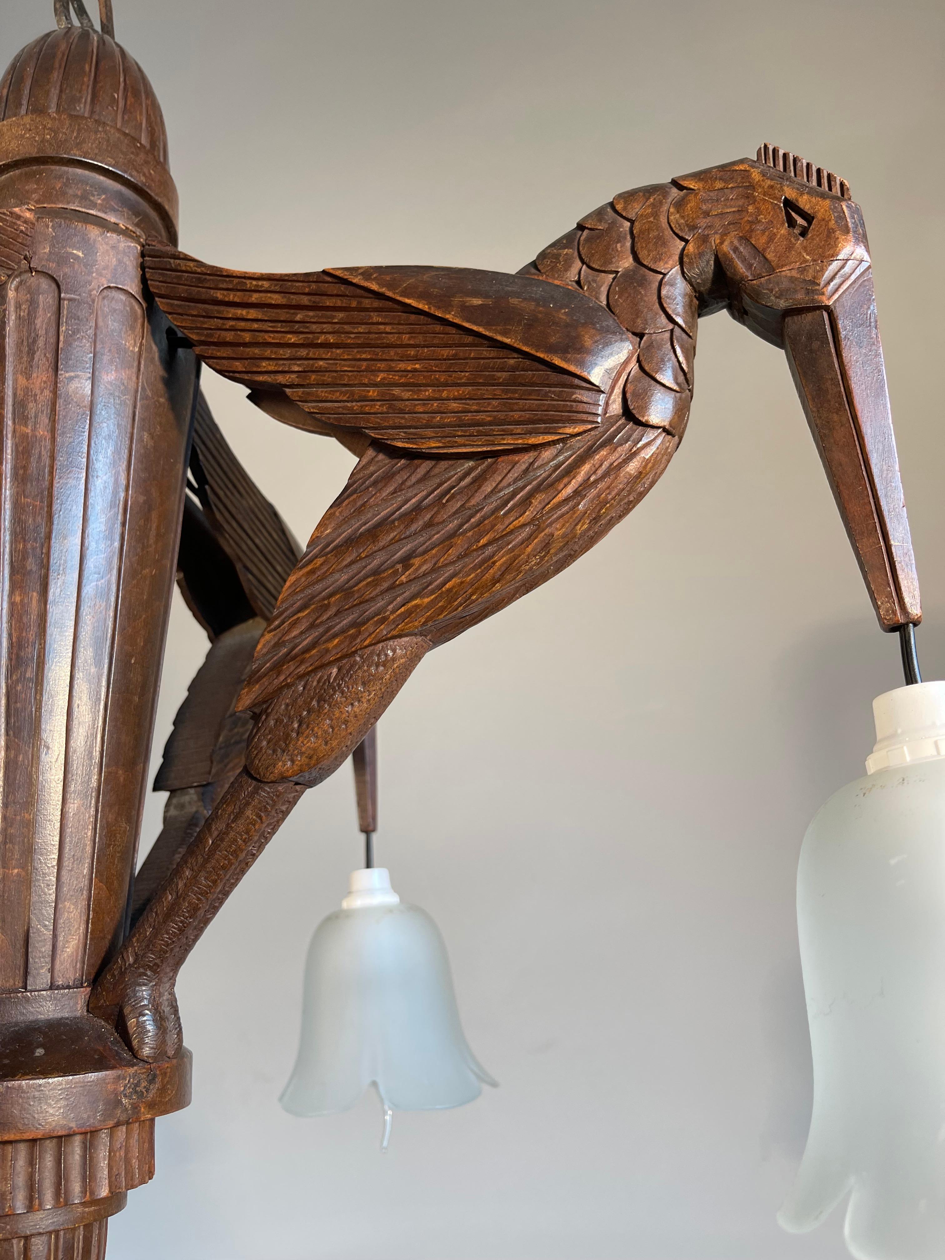 Amazing Hand Carved Art Deco Chandelier / Pendant Light w. Stylish Humming Birds 1