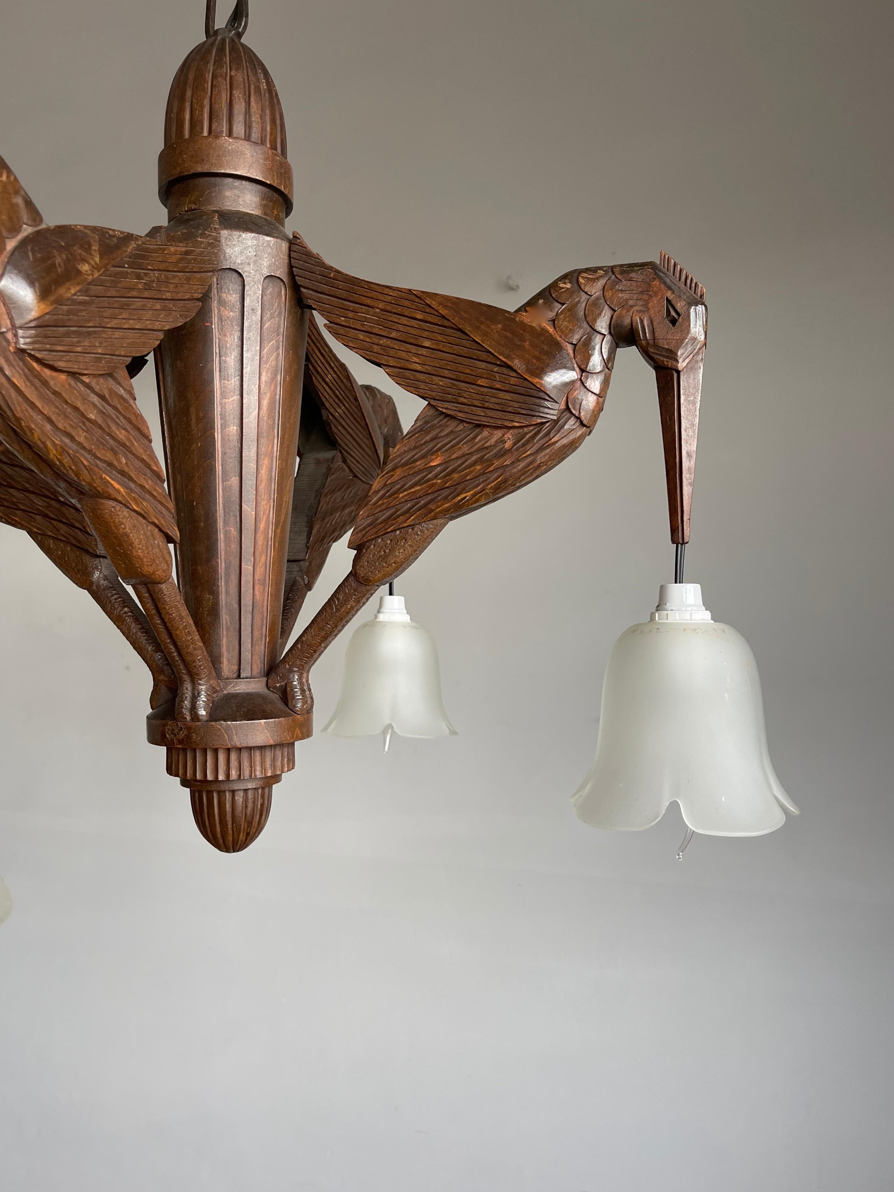 Amazing Hand Carved Art Deco Chandelier / Pendant Light w. Stylish Humming Birds 9