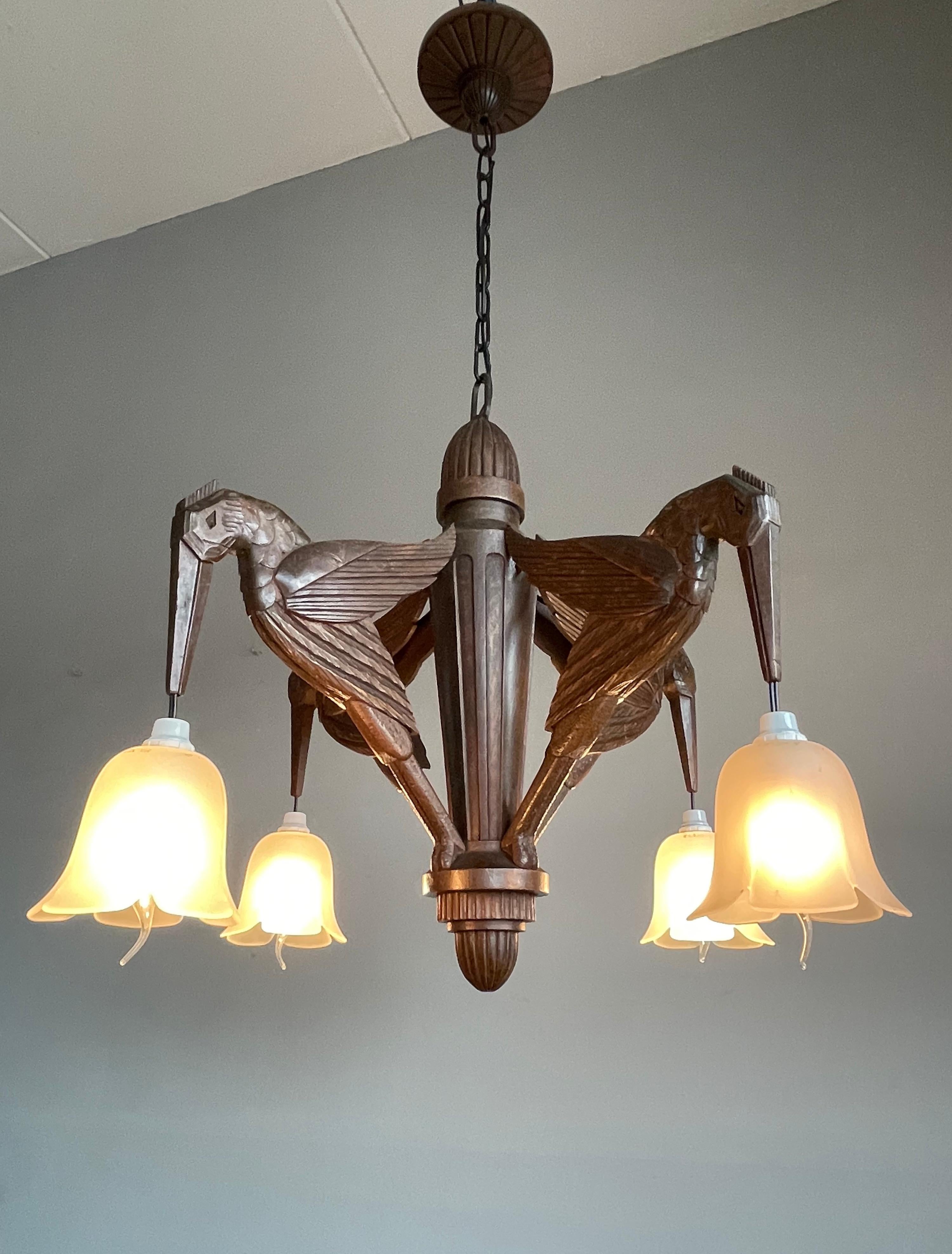 Wood Amazing Hand Carved Art Deco Chandelier / Pendant Light w. Stylish Humming Birds