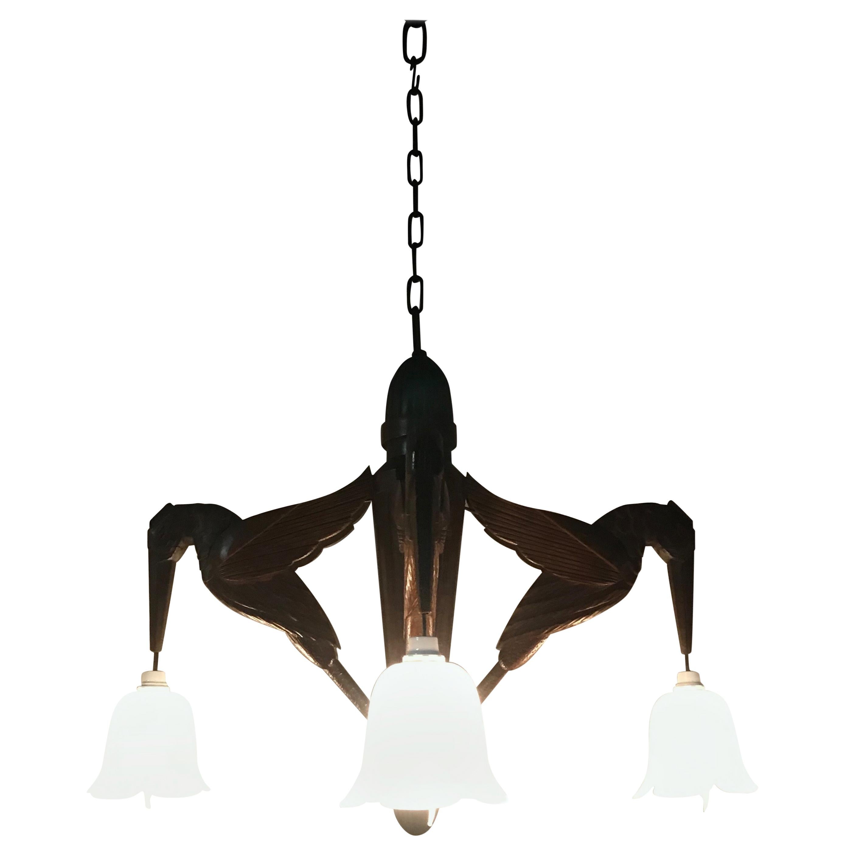 Amazing Hand Carved Art Deco Chandelier / Pendant Light w. Stylish Humming Birds