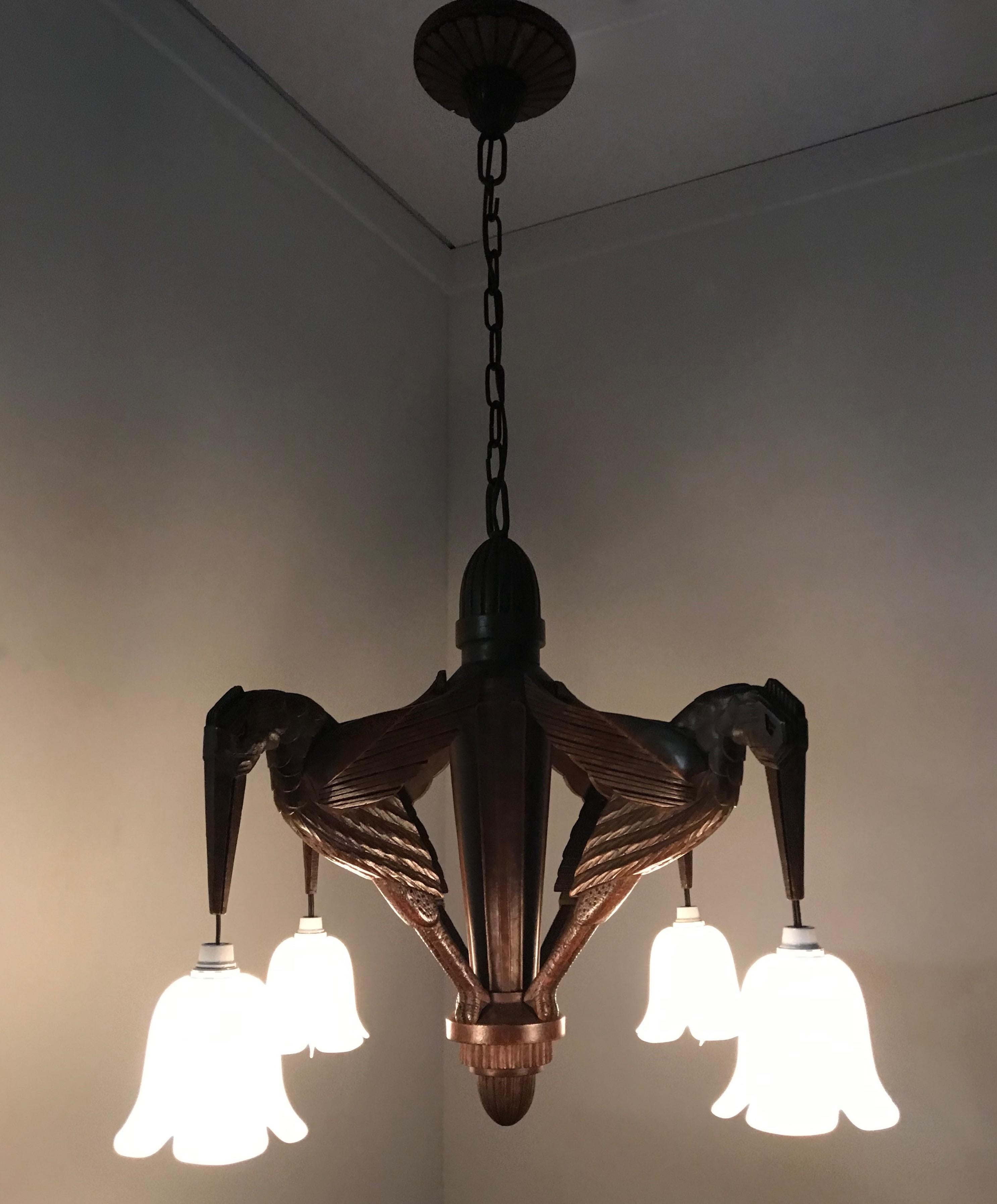 Hand-Carved Amazing Hand Carved Art Deco Chandelier / Pendant Light w. Stylish Humming Birds