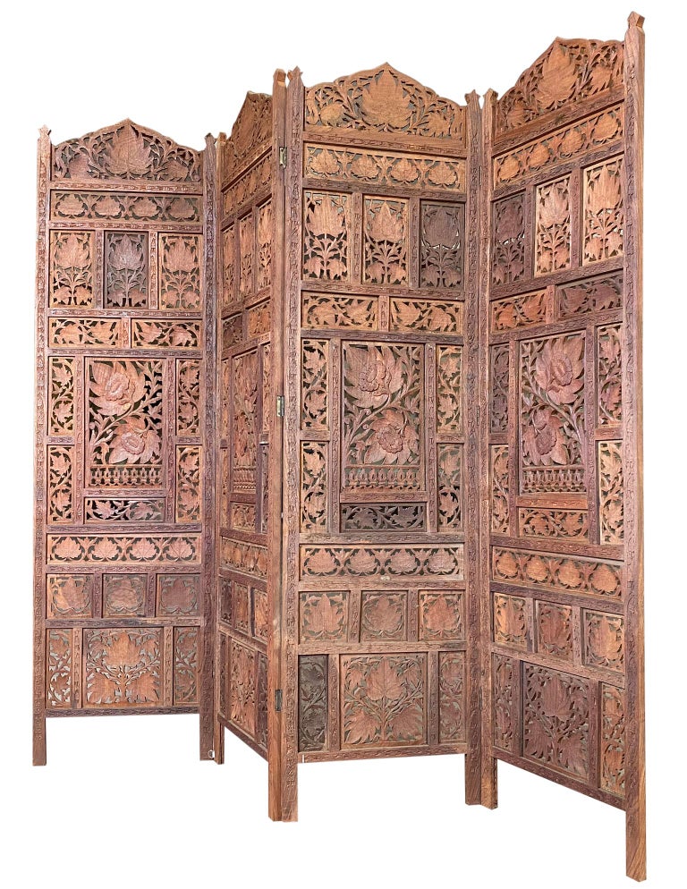 Mid-Century Modern Amazing Hand Carved Hardwood 4 Panel Room Divider Screen Handmade Midcentury For Sale
