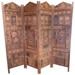 Amazing Hand Carved Hardwood 4 Panel Room Divider Screen Handmade Midcentury