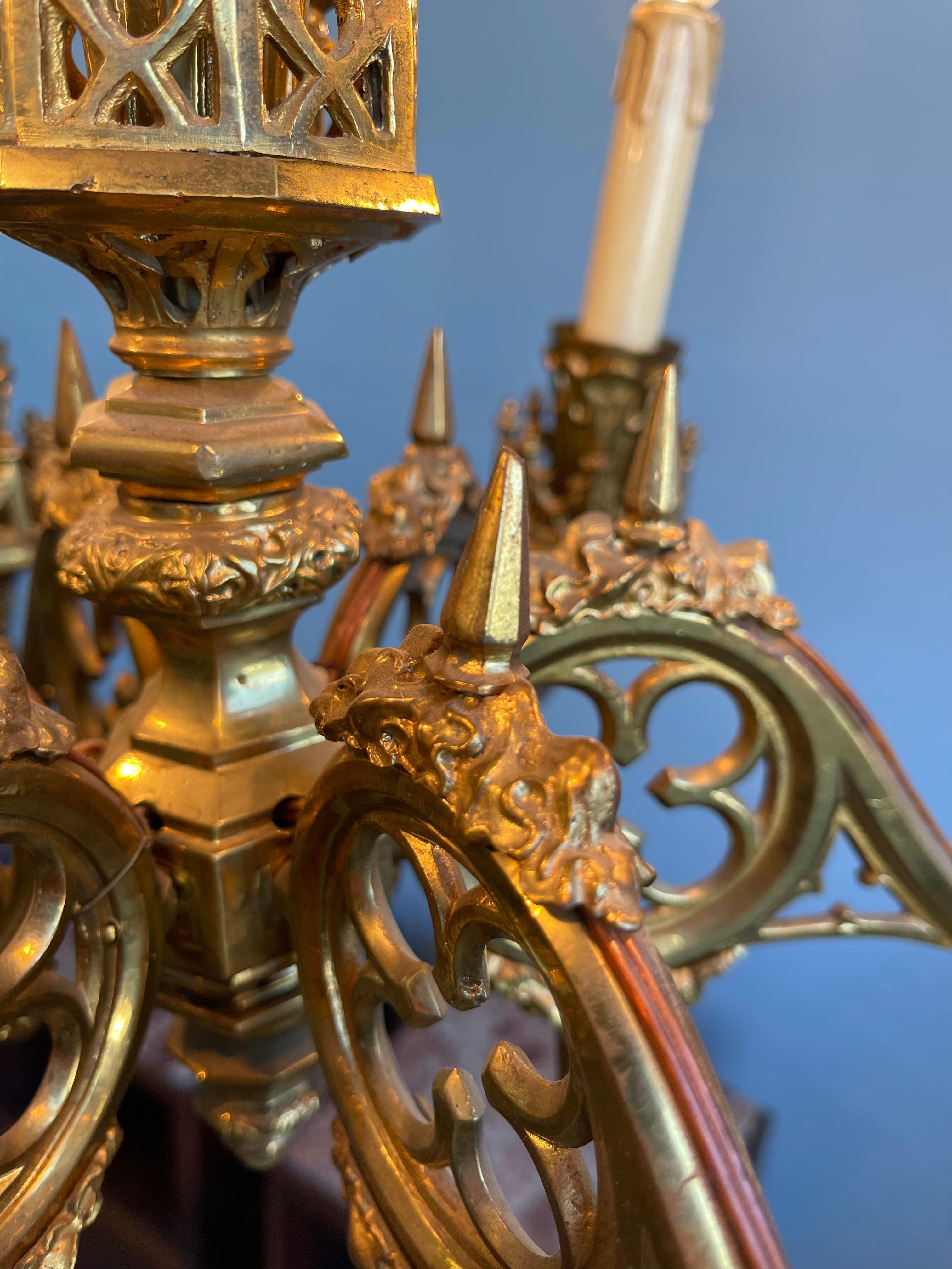 Amazing Hand Crafted Gilt Bronze Gothic Revival Chandelier / Pendant Light, 1900 3