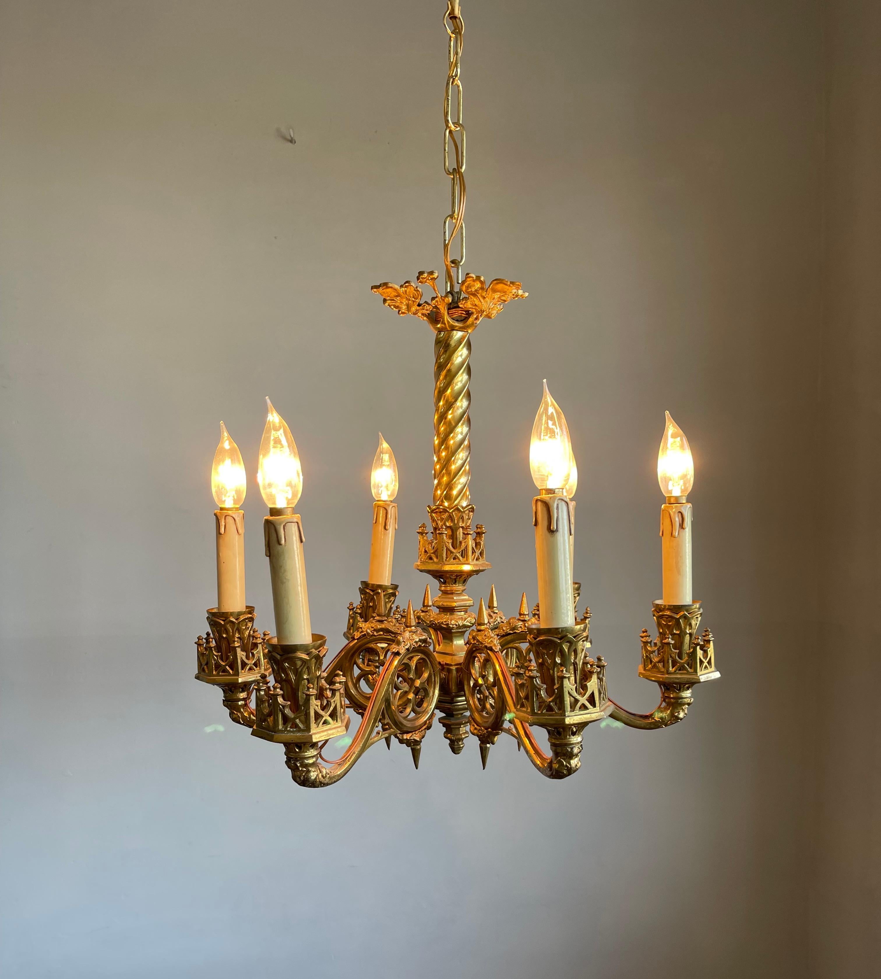 European Amazing Hand Crafted Gilt Bronze Gothic Revival Chandelier / Pendant Light, 1900