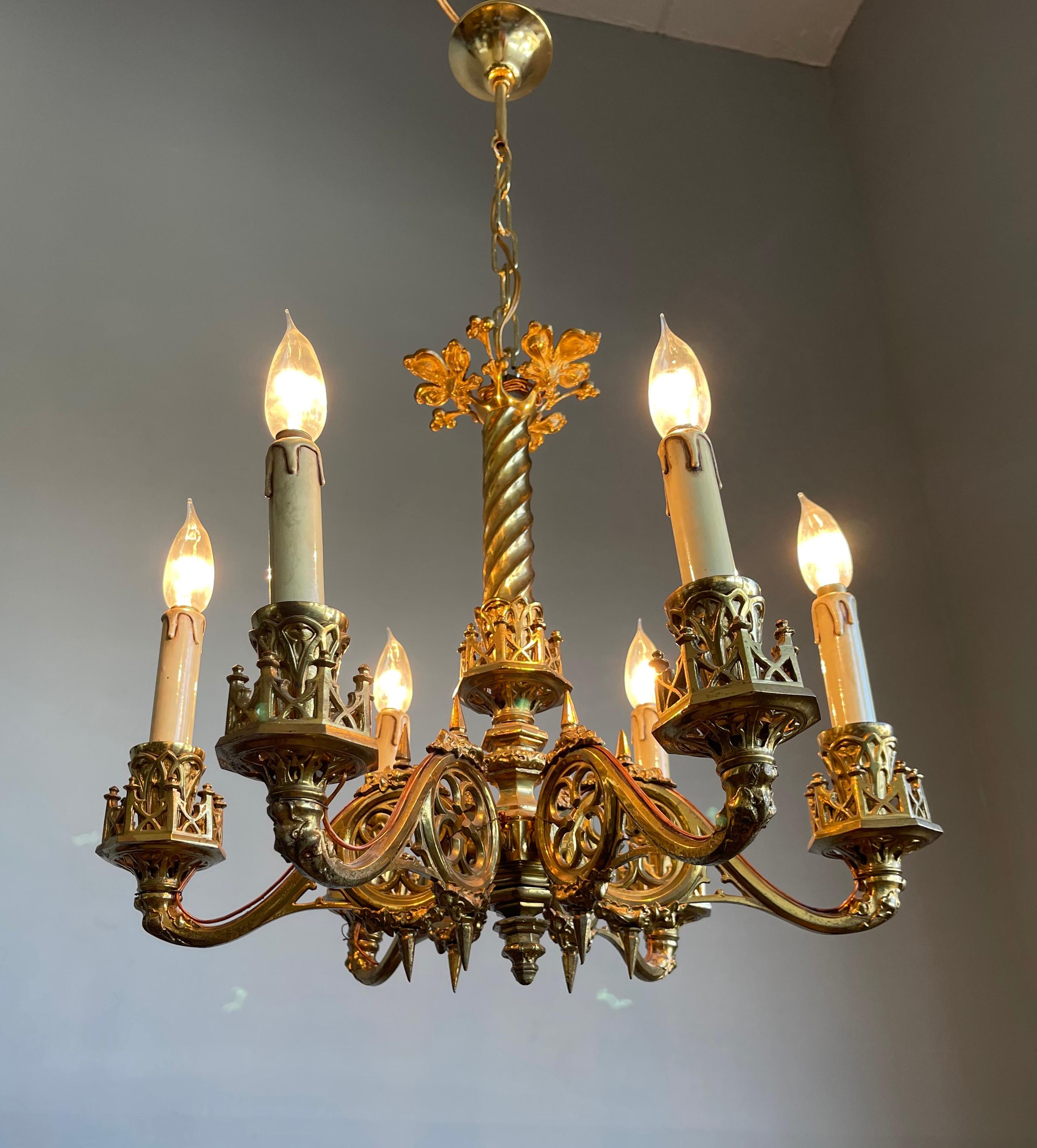 Cast Amazing Hand Crafted Gilt Bronze Gothic Revival Chandelier / Pendant Light, 1900