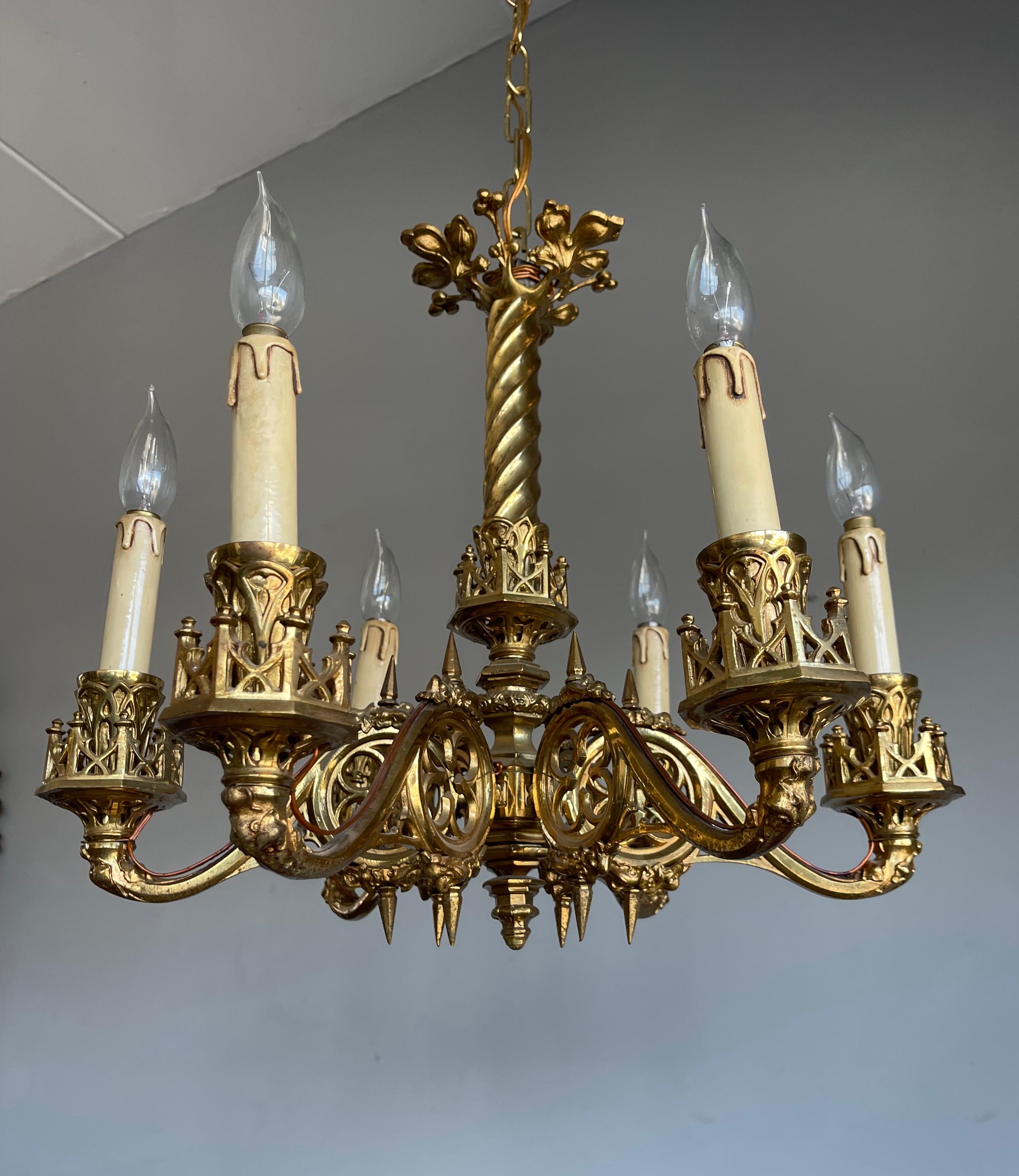 Amazing Hand Crafted Gilt Bronze Gothic Revival Chandelier / Pendant Light, 1900 In Good Condition In Lisse, NL