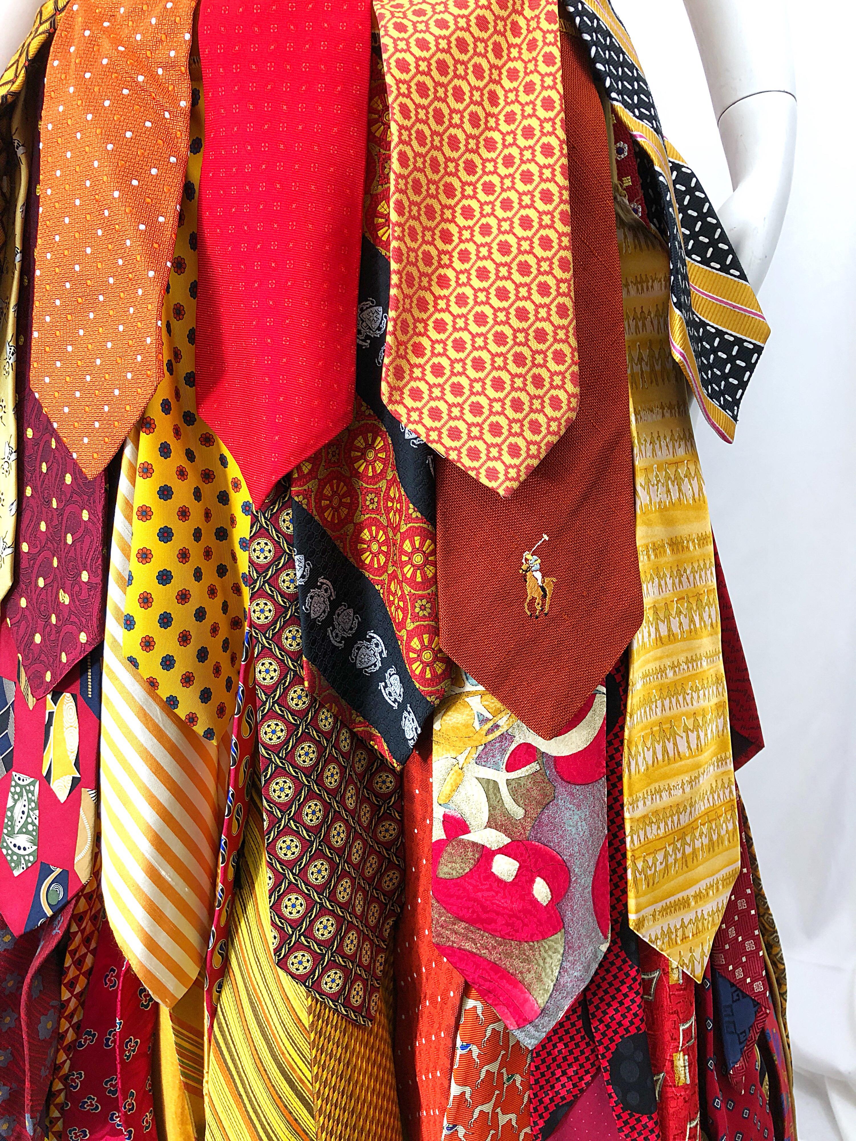 Amazing hand made maxi skirt made entirely of vintage silk neck ties! The construction on this beauty is insane, and obviously took many, many hours and days. There are three large hidden hook-and-eye closures, along with a heavy duty interior snap