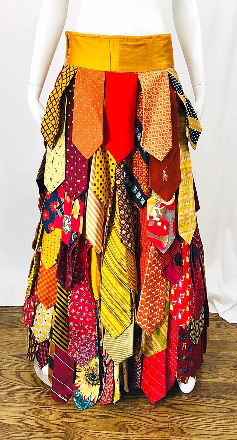 Brown Amazing Hand Made Vintage Silk Designer Neck Ties Boho Maxi Skirt 