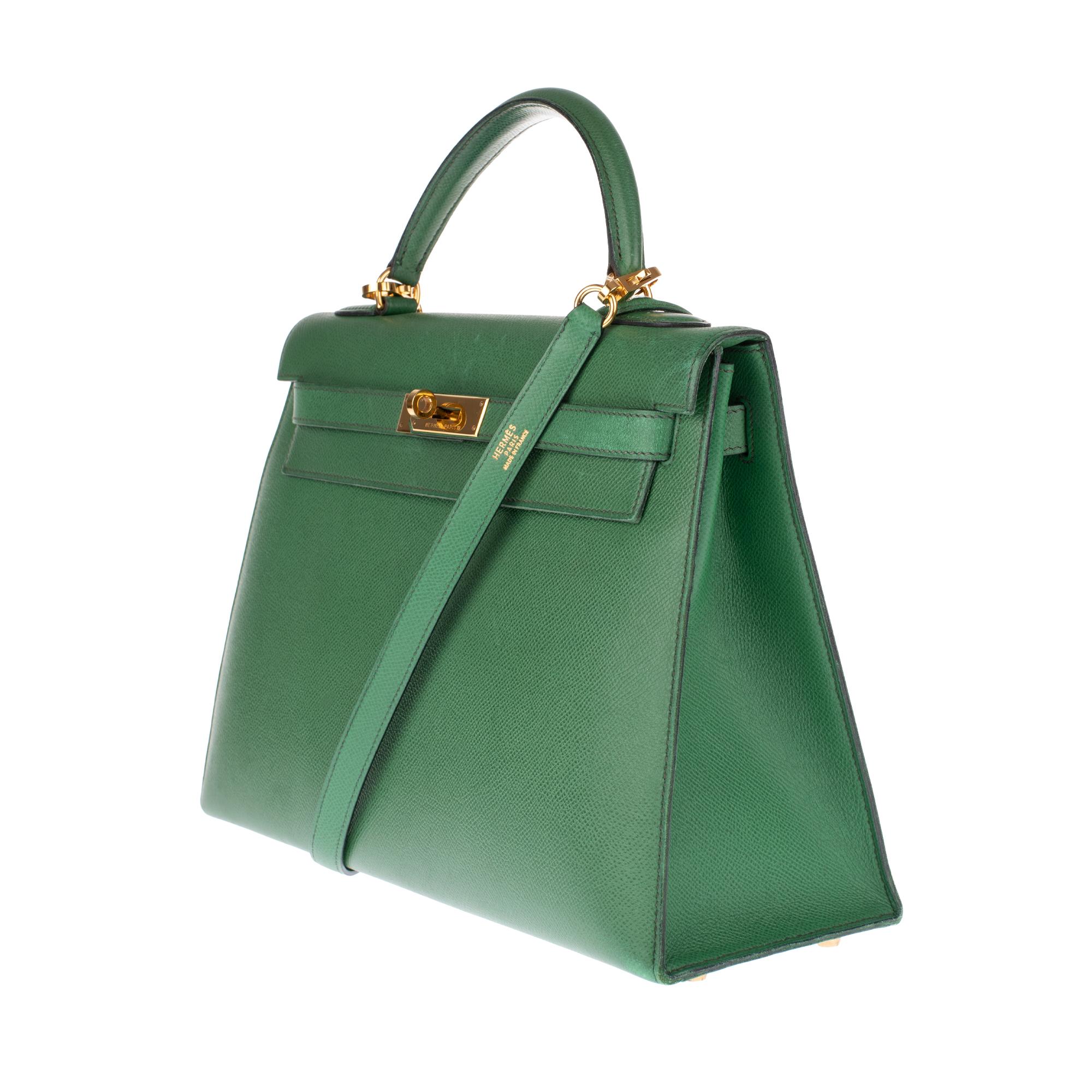 Gray Amazing handbag Hermès Kelly 32 sellier with strap in green courchevel leather !