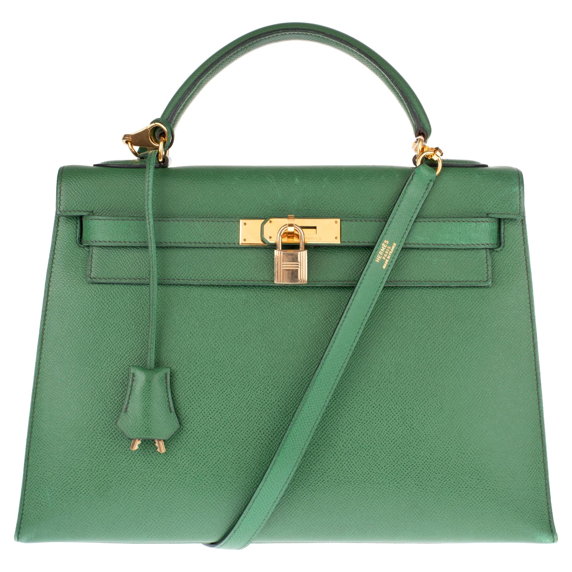Amazing handbag Hermès Kelly 32 sellier with strap in green courchevel leather !