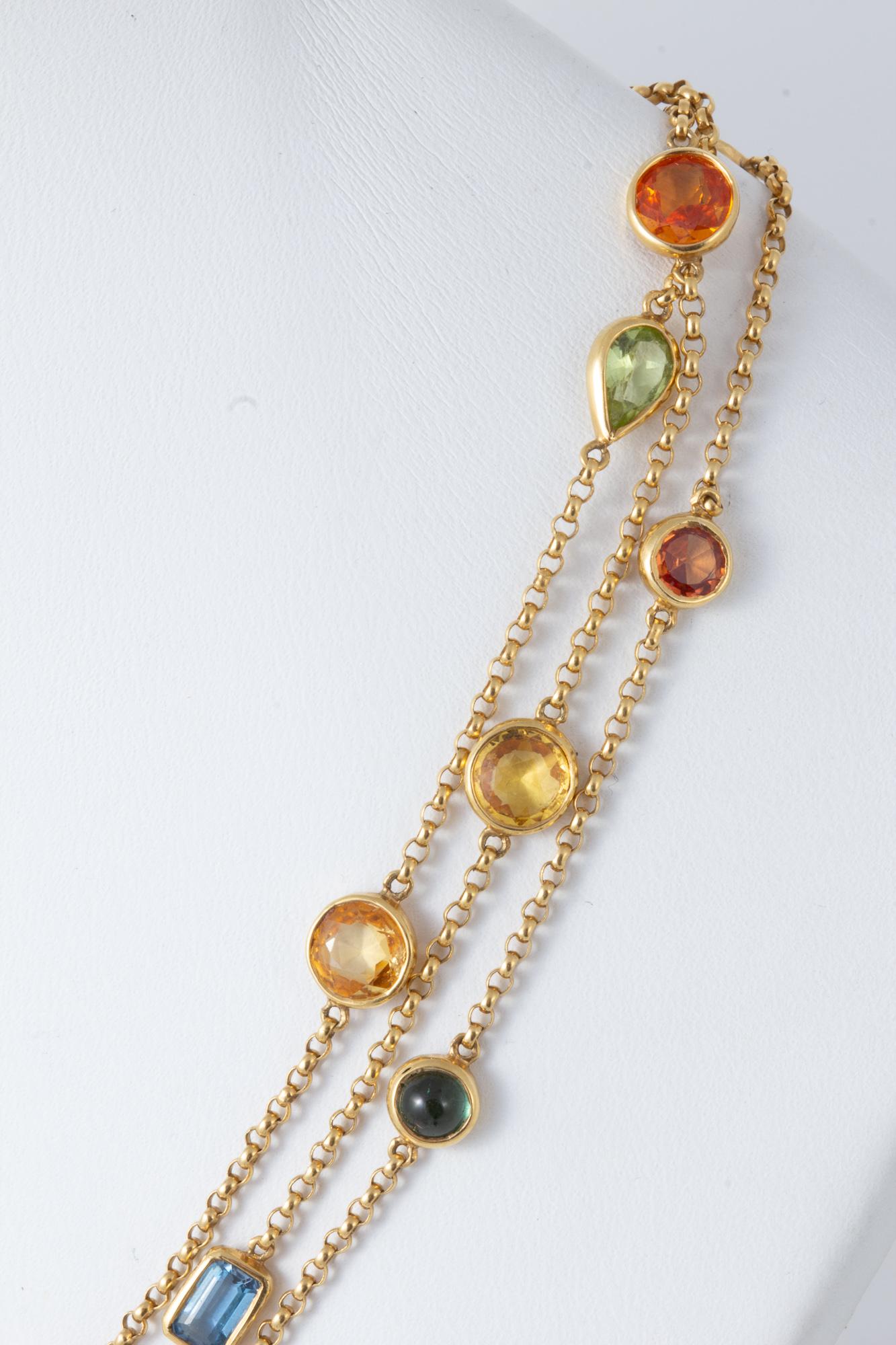 Amazing Handcrafted Bezel Set of Multicolored Gemstone Necklace in 18 Karat Gold 6