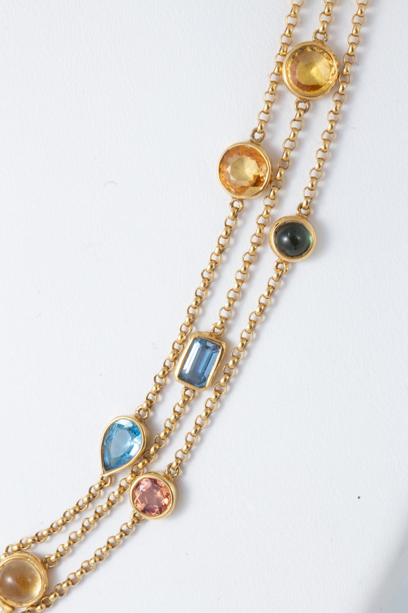 Amazing Handcrafted Bezel Set of Multicolored Gemstone Necklace in 18 Karat Gold 7