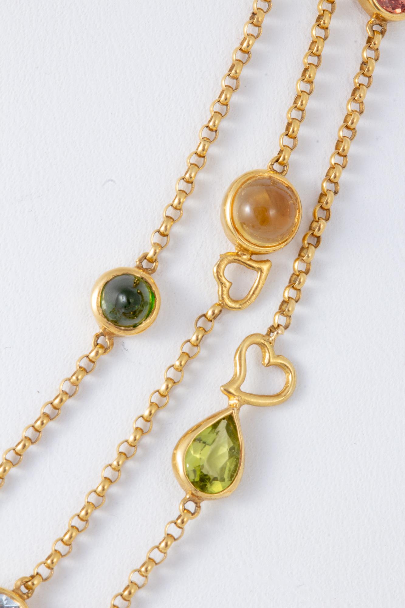 Amazing Handcrafted Bezel Set of Multicolored Gemstone Necklace in 18 Karat Gold In New Condition In Houston, TX