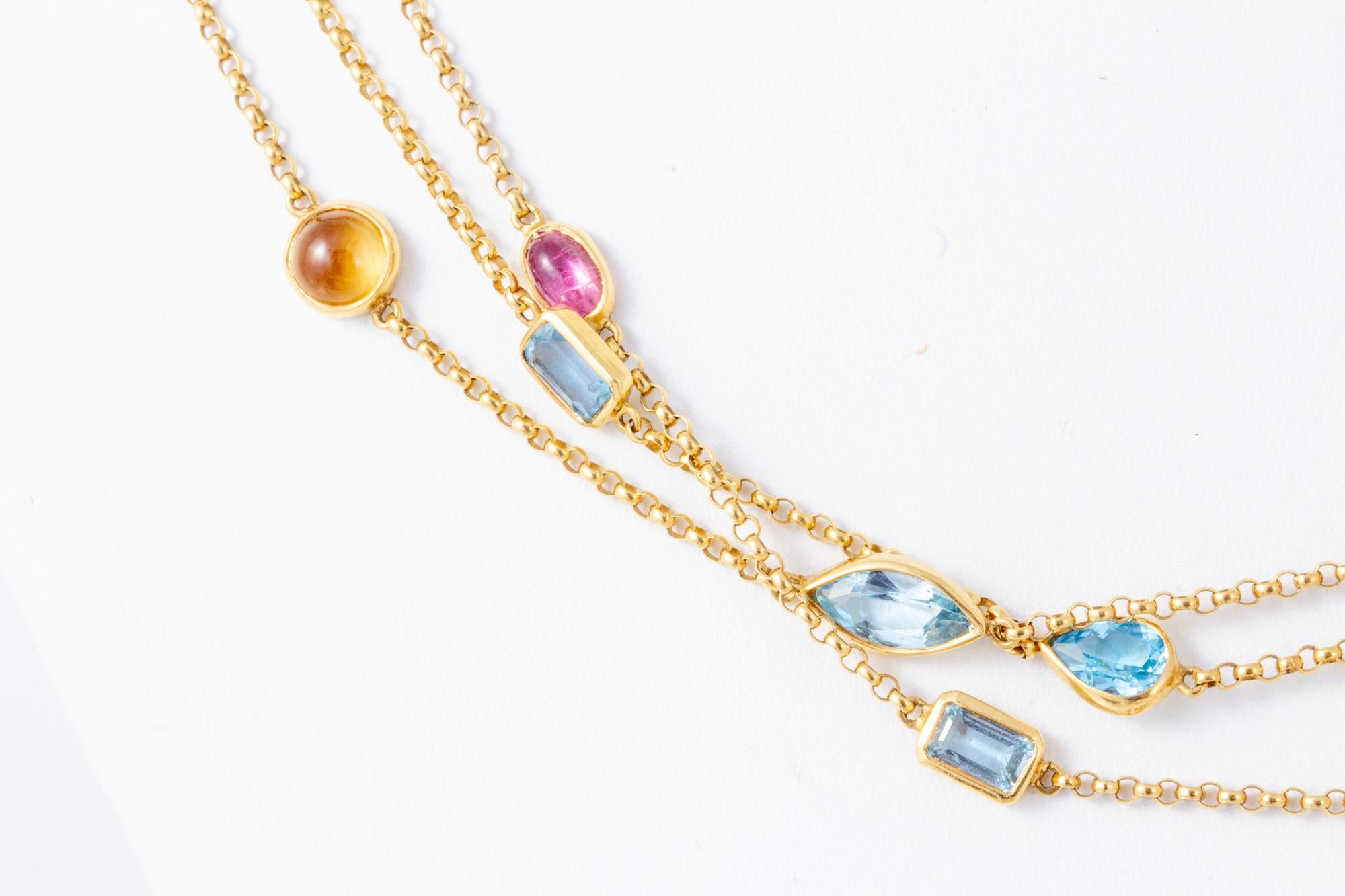 Amazing Handcrafted Bezel Set of Multicolored Gemstone Necklace in 18 Karat Gold 1