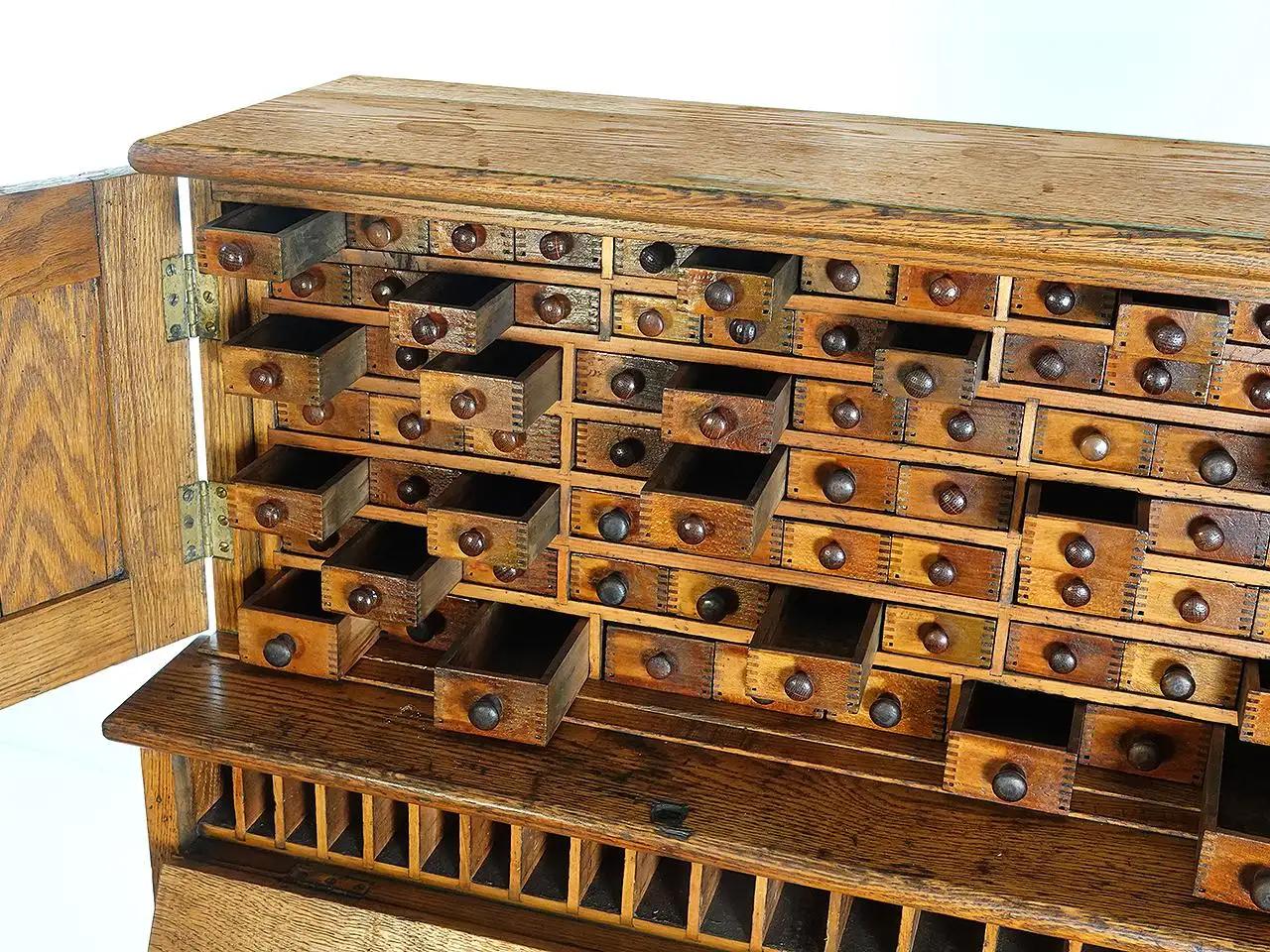 Industrial Amazing Handmade Machinists 75 Draw Oak Tool Chest For Sale