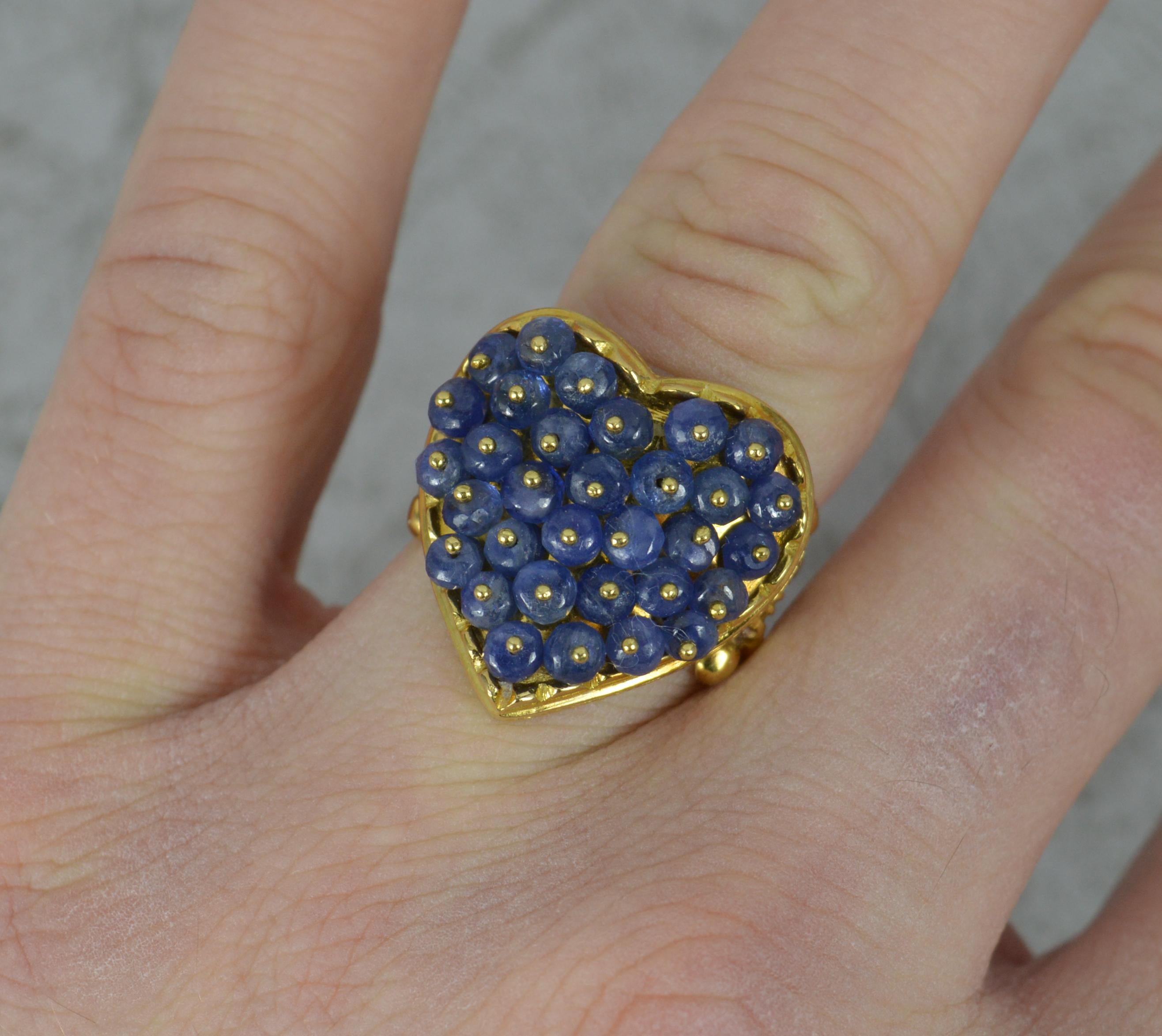 Retro Amazing Heavy 18 Carat Gold and Sapphire Bead Heart Shape Cluster Ring