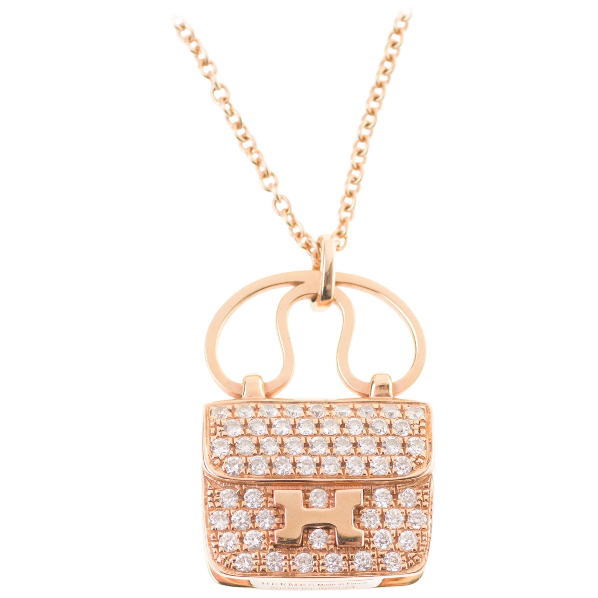 Amazing Hermès Amulette Constance pendant in rose gold & 65 diamonds