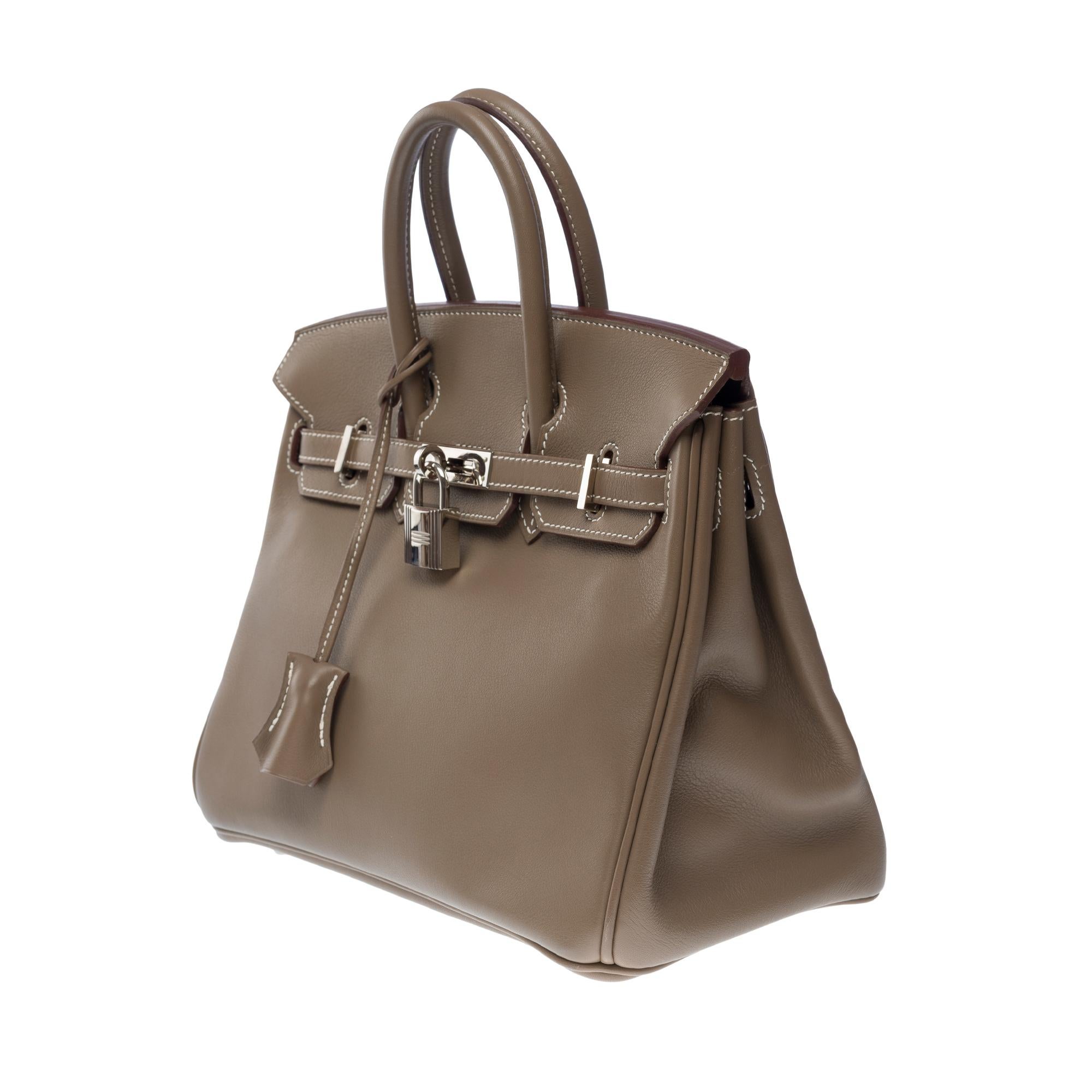Amazing Hermes Birkin 25cm handbag in Etoupe Swift Calf leather, SHW 1