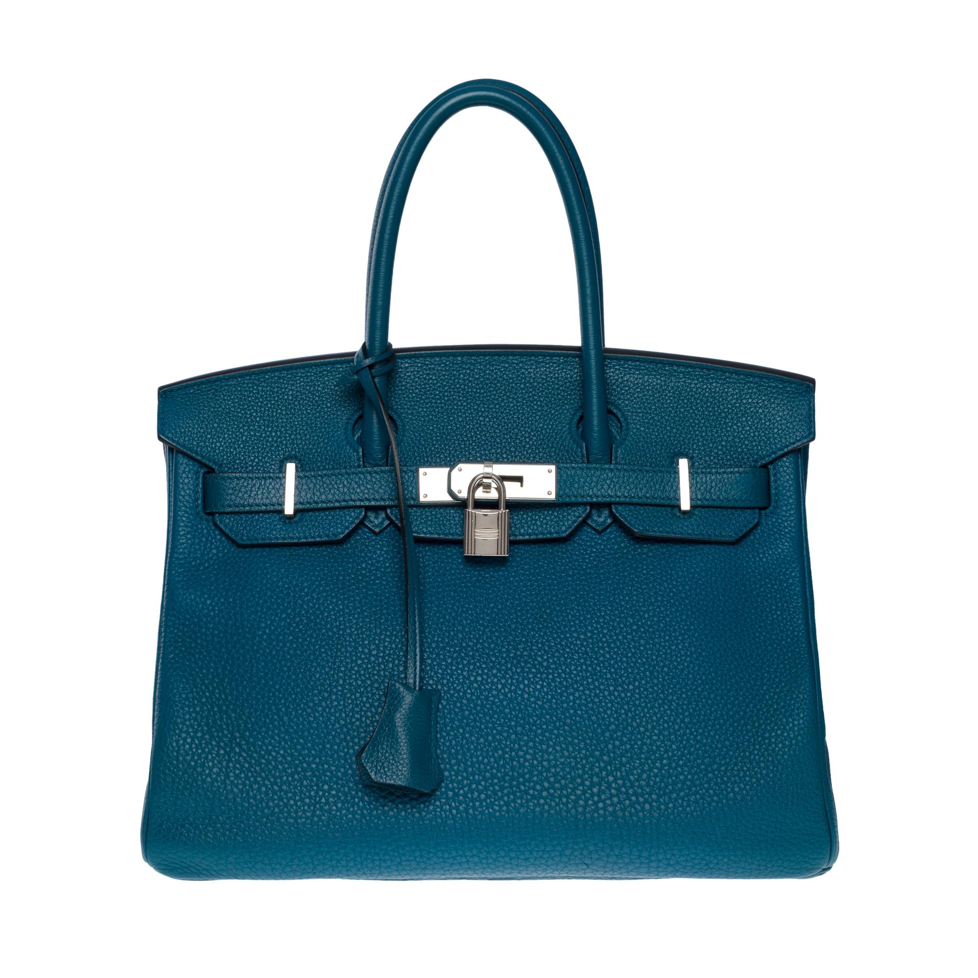 Exceptional & Rare Hermes Birkin 30 handbag in Blue Colvert Togo leather, palladium silver metal hardware, double blue leather handle allowing a hand carry

Flap closure
Inner lining in blue leather, one zippered pocket, one patch pocket
Signature: