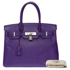 Superbe sac à main Hermès Birkin 30 en cuir Iris Epsom, SHW