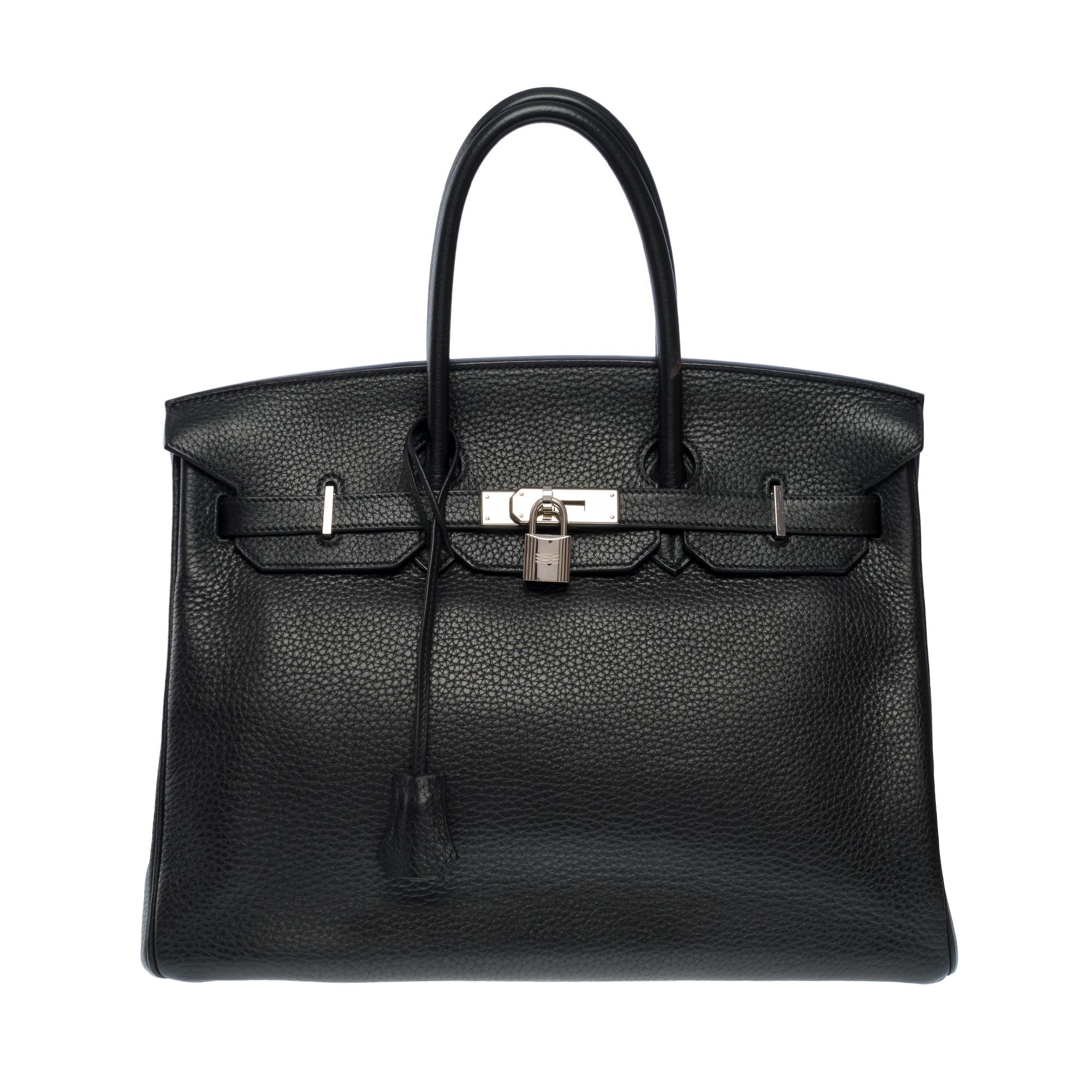 Amazing Birkin 35 handbag in black Togo leather , Palladium silver metal hardware, double black leather handle for hand Carry

Flap closure
Black leather lining, one zippered pocket, one patch pocket
Signature: 