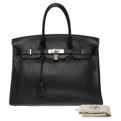 Superbe sac à main Hermès Birkin 35 en cuir Togo noir, SHW