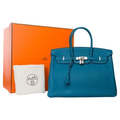Superbe sac à main Hermès Birkin 35 en cuir Bleu Colvert Togo, SHW