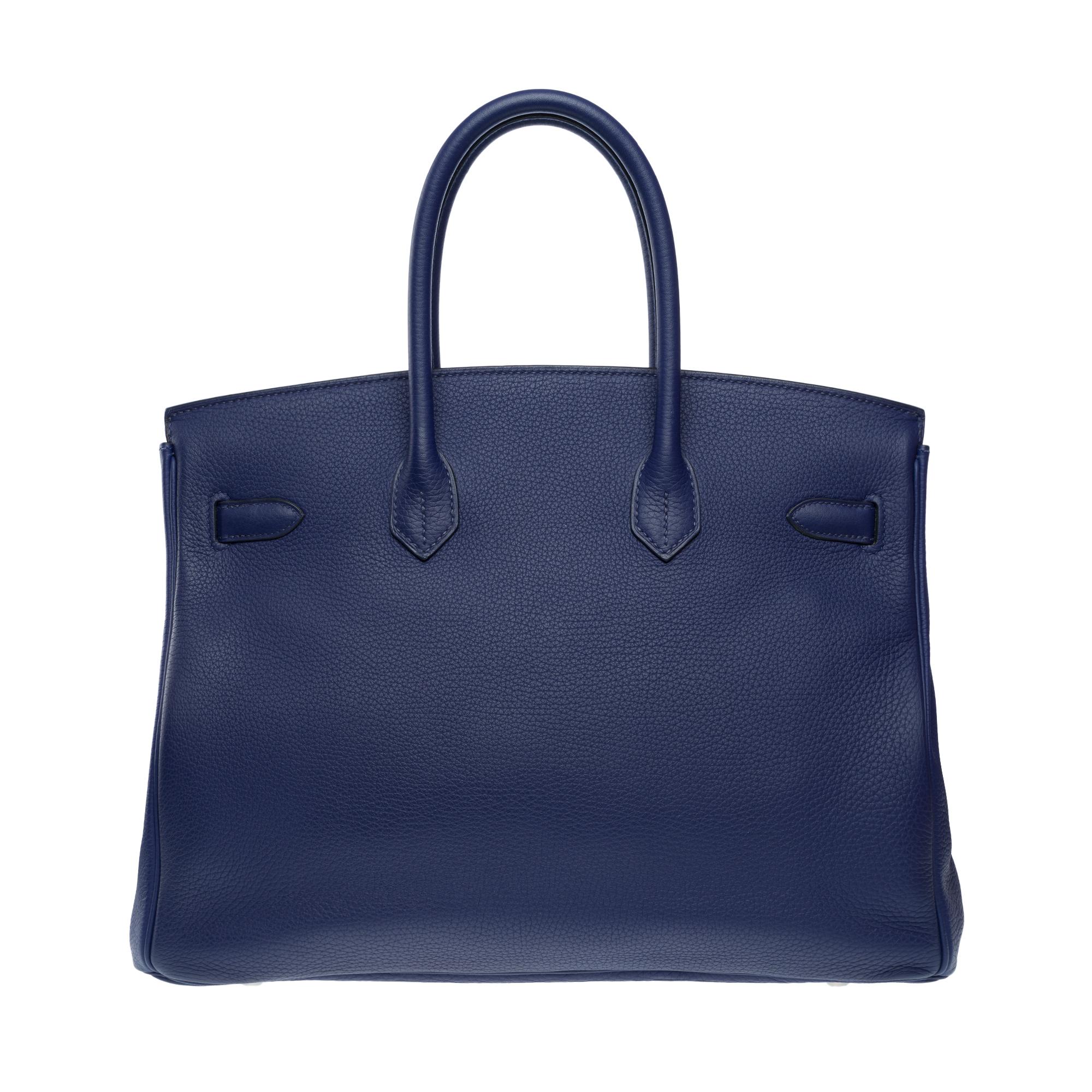 Orange Superbe sac à main Hermès Birkin 35 en cuir Bleu Encre Togo, PHW
