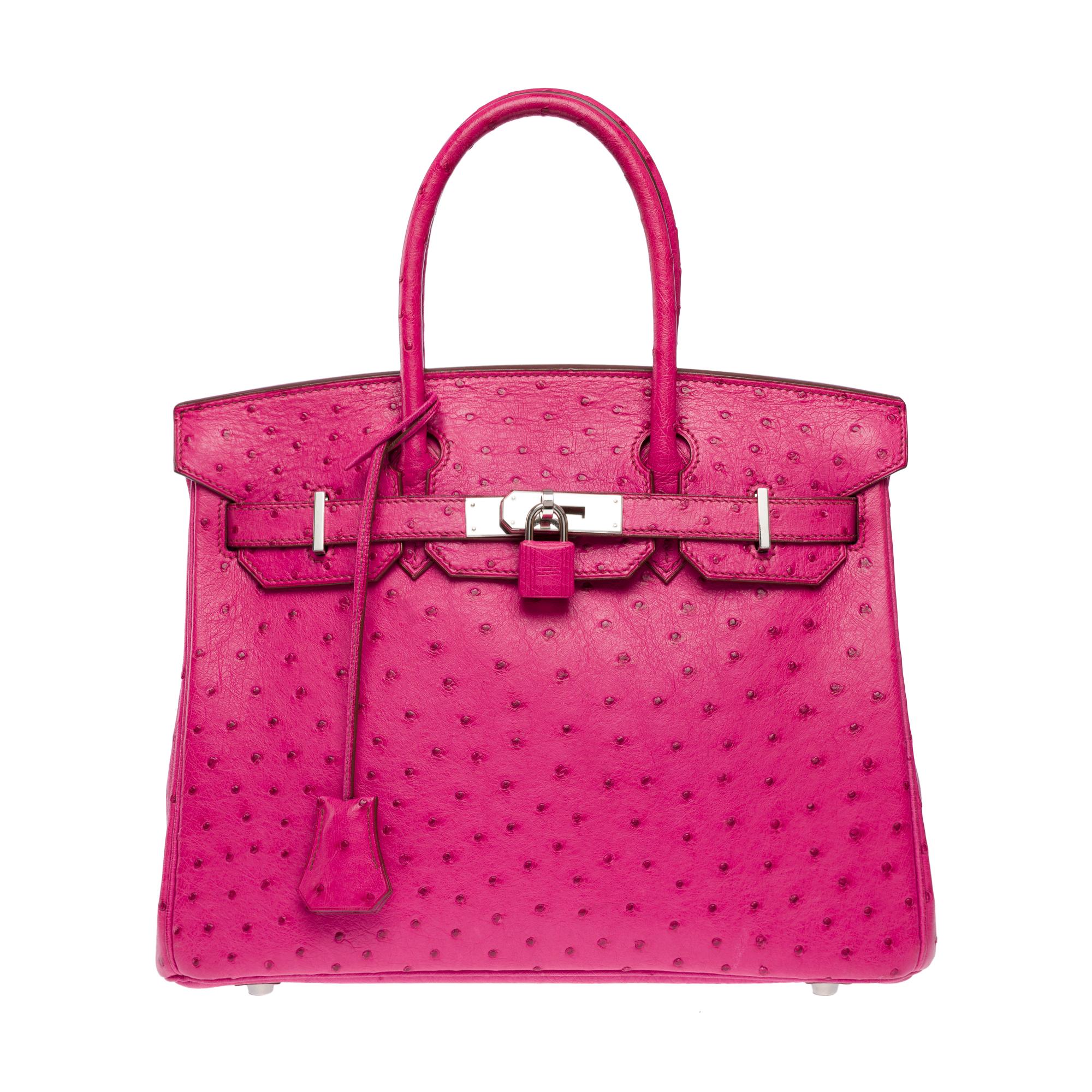 Amazing Hermès Birkin 35 handbag in Fuchsia Pink Ostrich leather, PHW In Good Condition For Sale In Paris, IDF