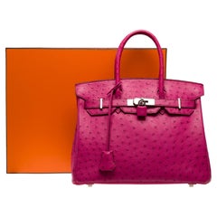 Superbe sac à main Hermès Birkin 35 en cuir d'autruche rose fuchsia, PHW