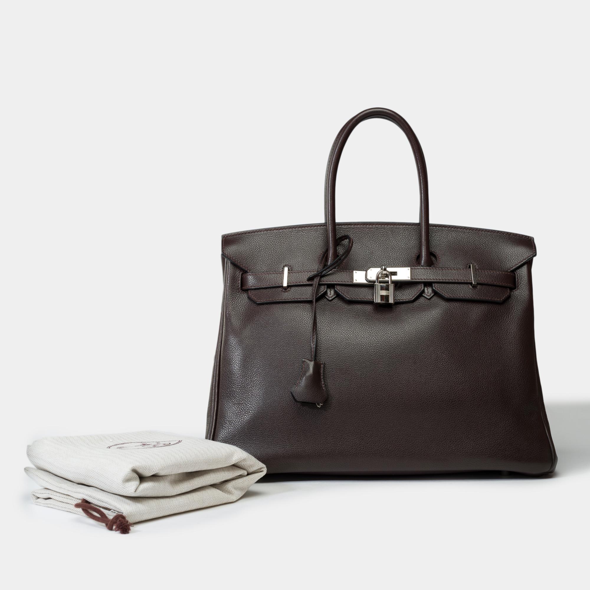 Hermes Birkin 35 handbag in grained calf leather Evergrain brown , palladium silver metal trim, double handle in brown leather allowing a hand carry

Flap closure
Brown leather inner lining, a zippered pocket, a patch pocket
Signature: 