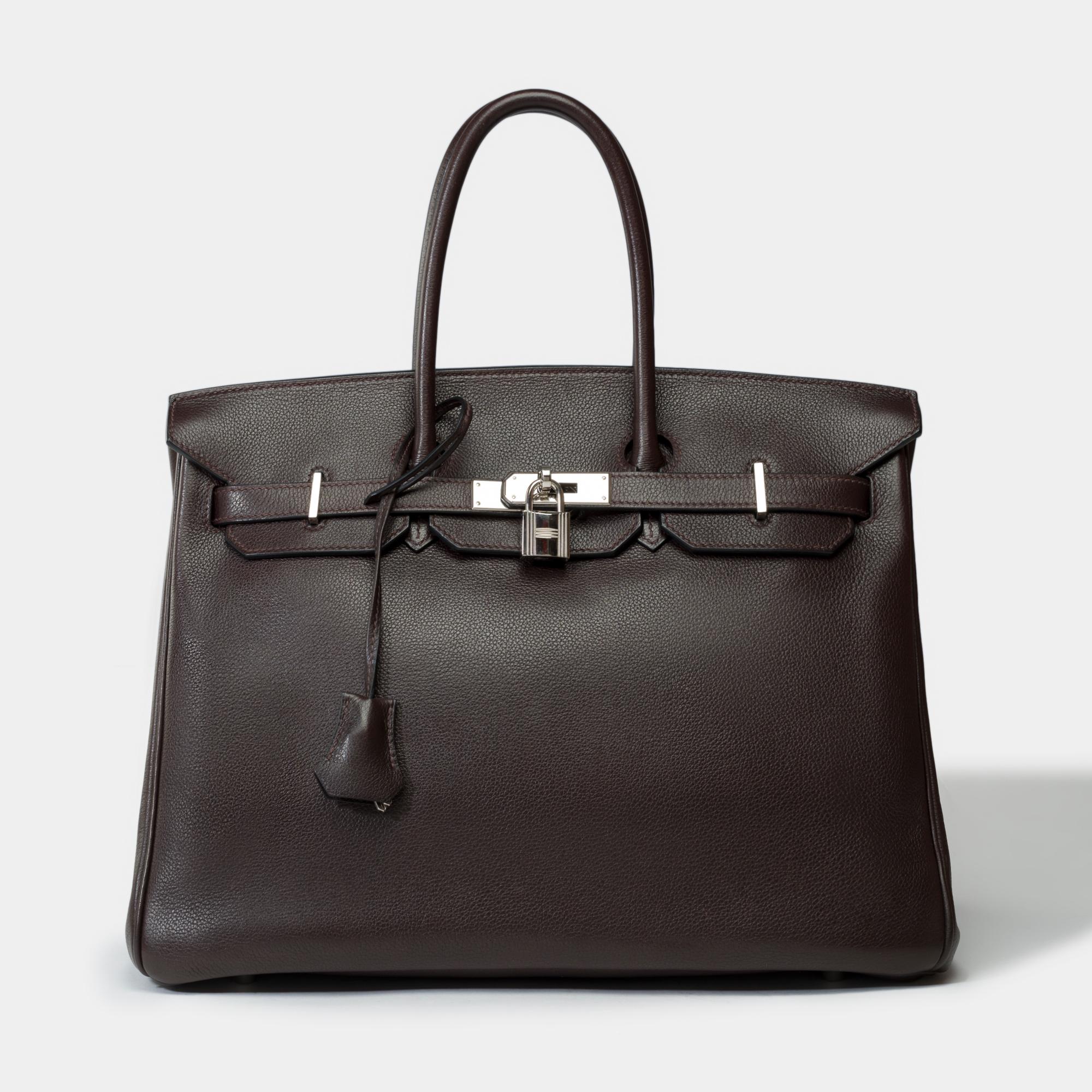 Amazing Hermès Birkin 35 handbag in grained calf leather Evergrain brown , SHW In Good Condition In Paris, IDF