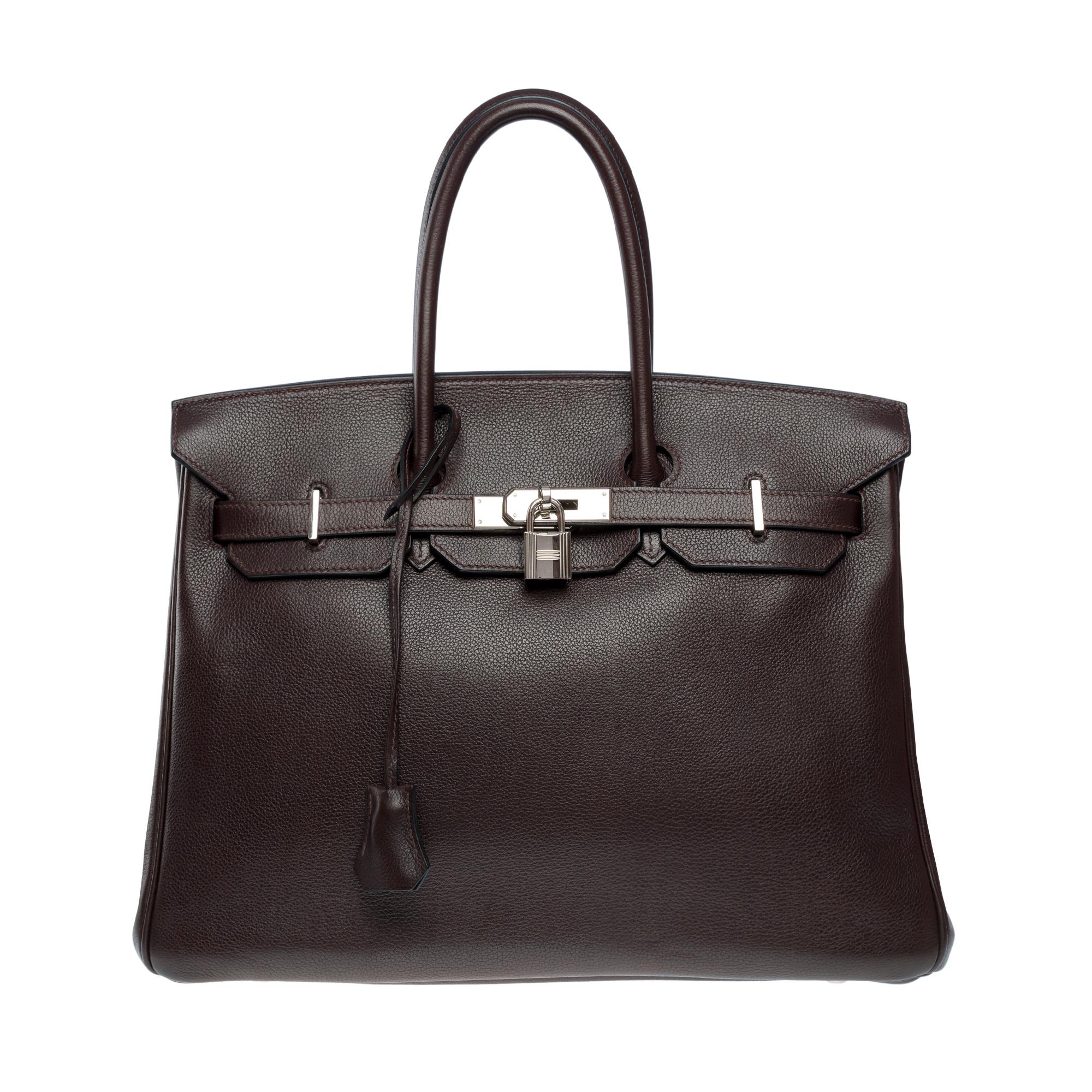 Women's or Men's Amazing Hermès Birkin 35 handbag in grained calf leather Evergrain brown , SHW