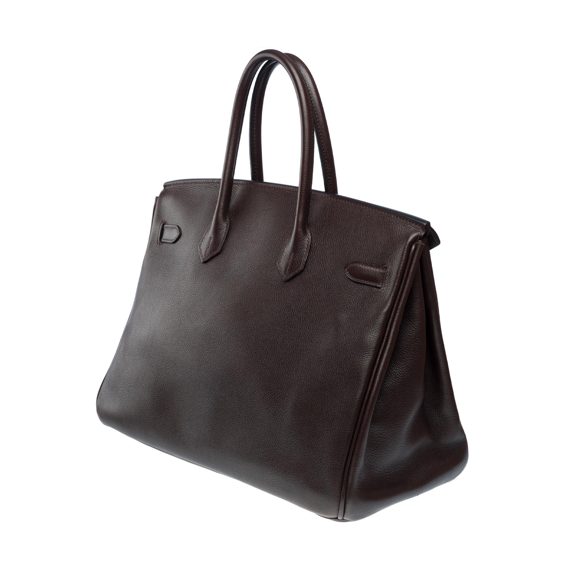 Amazing Hermès Birkin 35 handbag in grained calf leather Evergrain brown , SHW 3