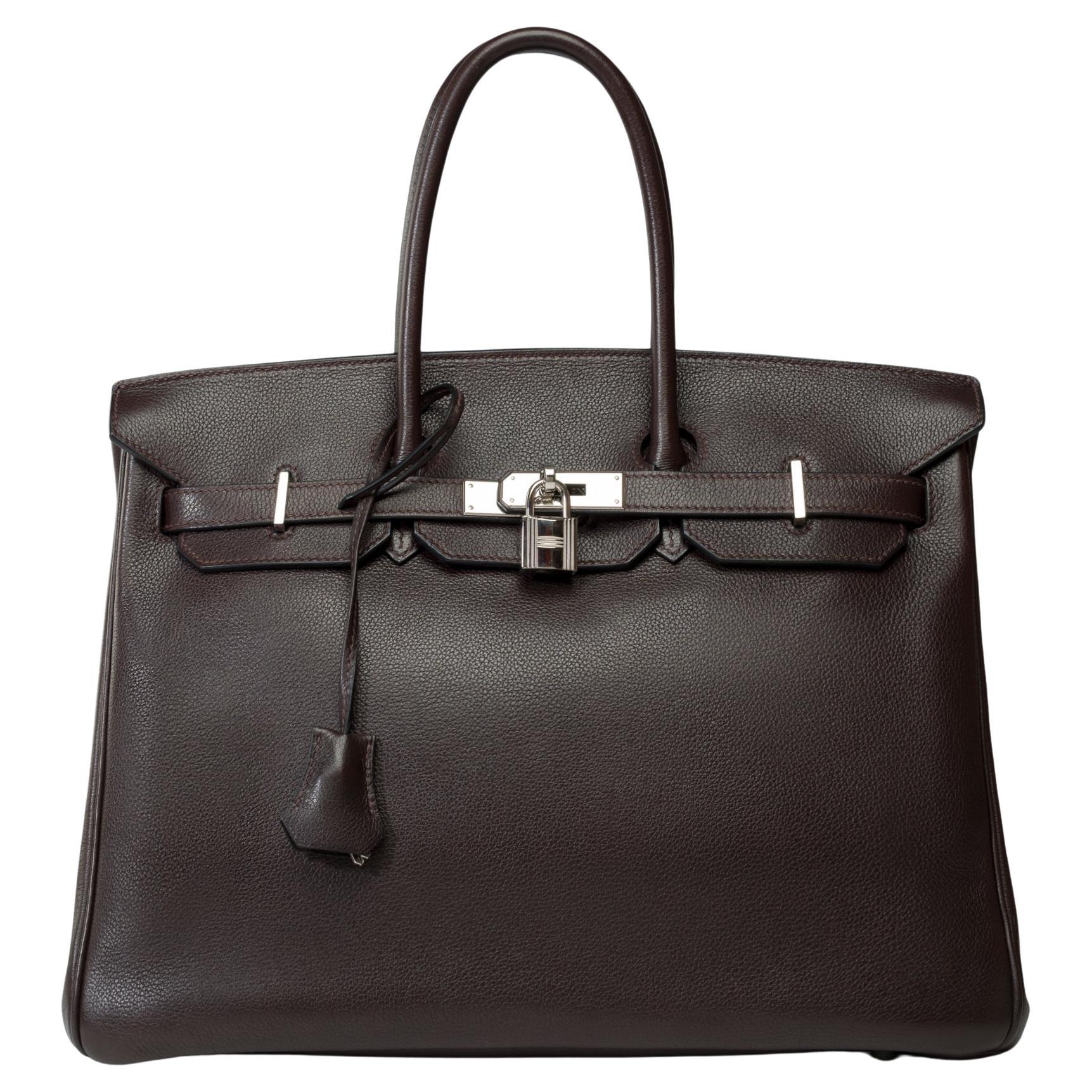 Amazing Hermès Birkin 35 handbag in grained calf leather Evergrain brown , SHW For Sale