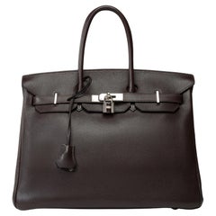 Superbe sac à main Hermès Birkin 35 en cuir de veau grainé Evergrain brown , SHW