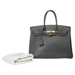 Superbe sac à main Hermès Birkin 35 en cuir Epsom gris graphite, GHW