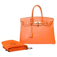 Superbe sac à main Hermès Birkin 35 en cuir de veau Swift orange, GHW