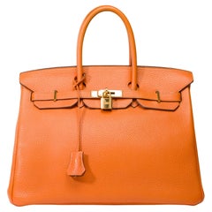 Superbe sac à main Hermès Birkin 35 en cuir de veau Togo Orange, GHW