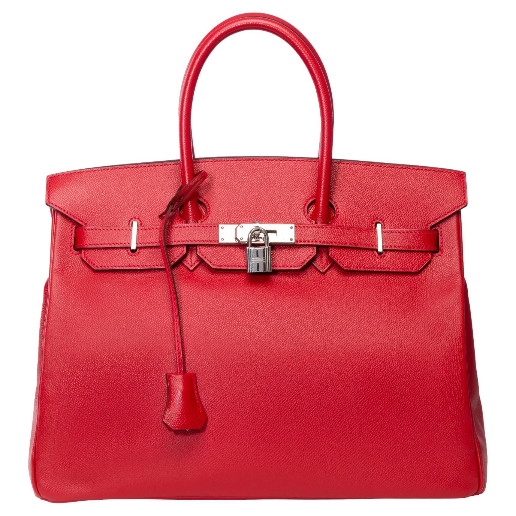 Superbe sac à main Hermès Birkin 35 en cuir Rouge Garance Epsom, SHW