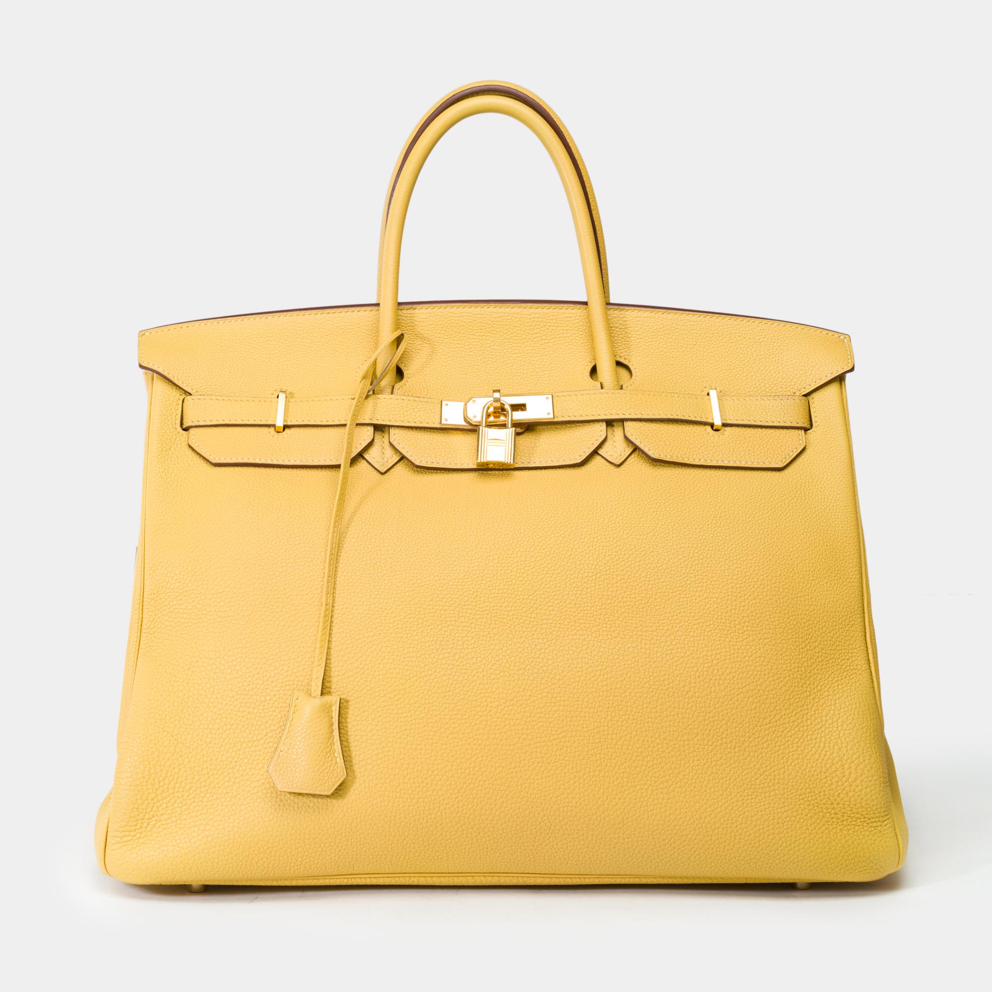 Increíble bolso Hermes Birkin 40 en piel Jaune Poussin Togo, GHW Naranja