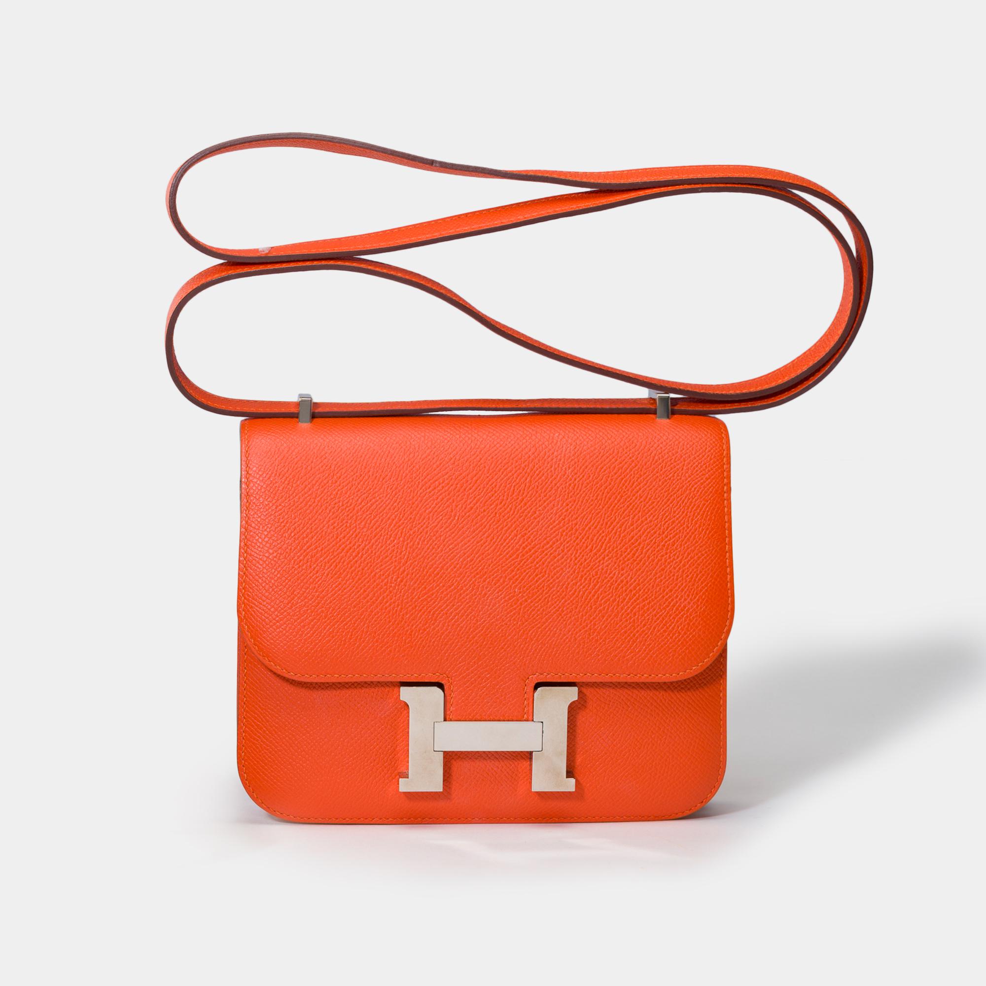 Red Amazing Hermes Constance Mini 18 shoulder bag in Orange Feu Epsom leather, SHW For Sale