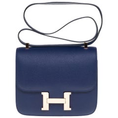 AMAZING Hermes Constance shoulder bag in blue sapphire epsom, pink gold hardware