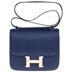 AMAZING Hermes Constance shoulder bag in blue sapphire epsom, pink gold hardware 