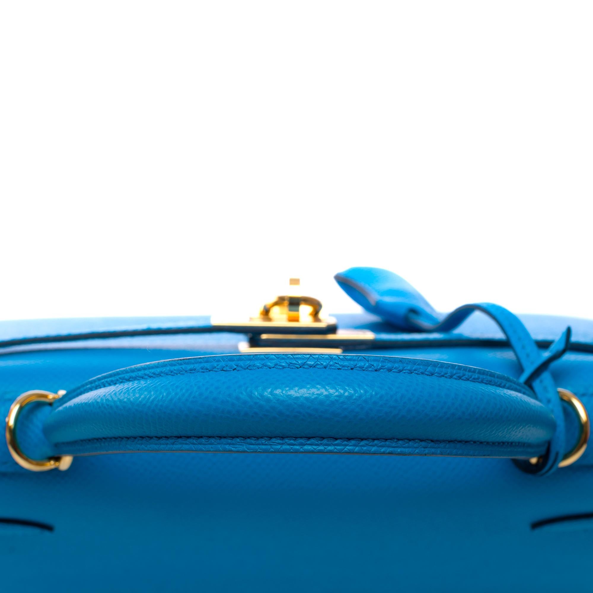 Amazing Hermès Kelly 25 handbag strap in Blue Frida Epsom calf leather, GHW For Sale 6