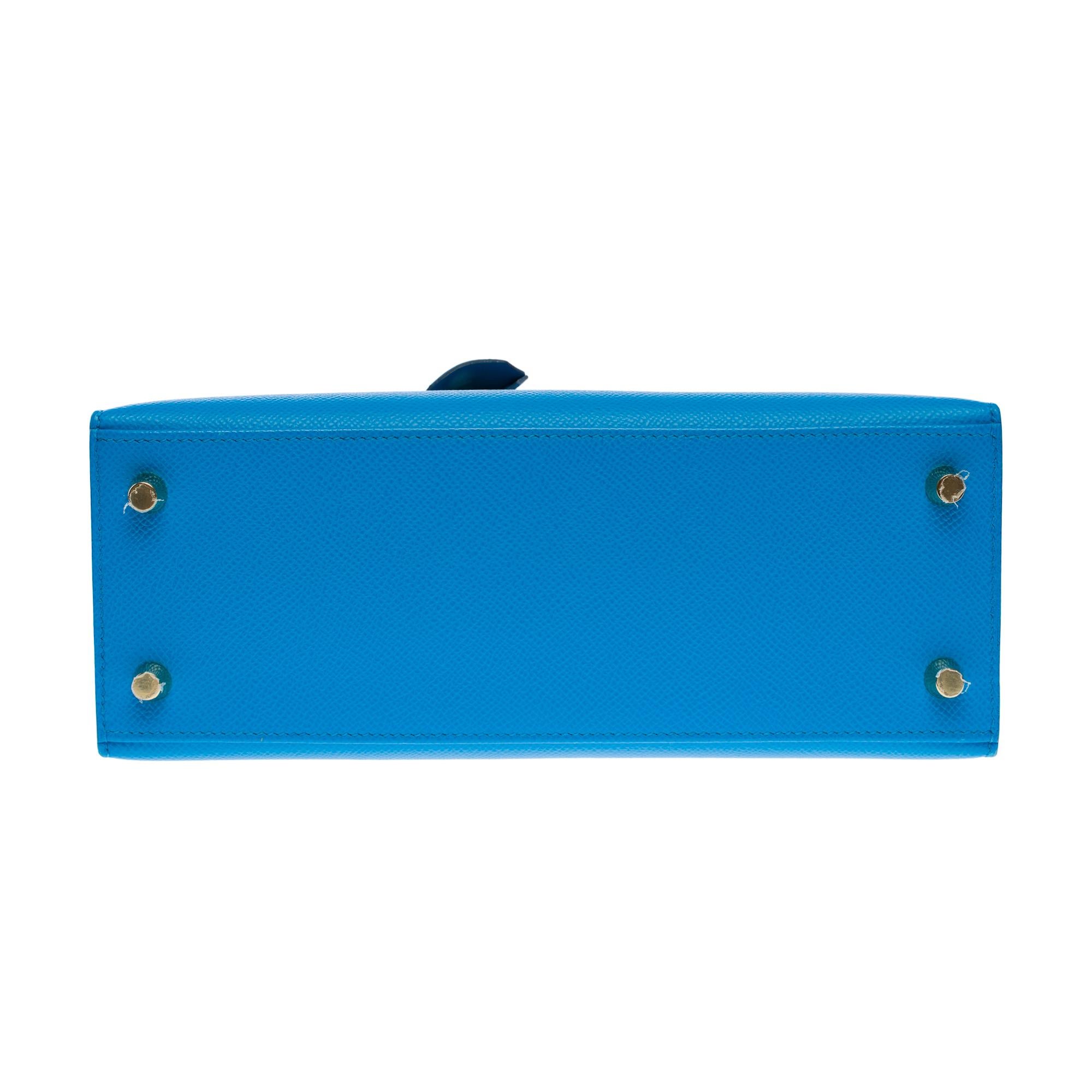 Amazing Hermès Kelly 25 handbag strap in Blue Frida Epsom calf leather, GHW For Sale 7